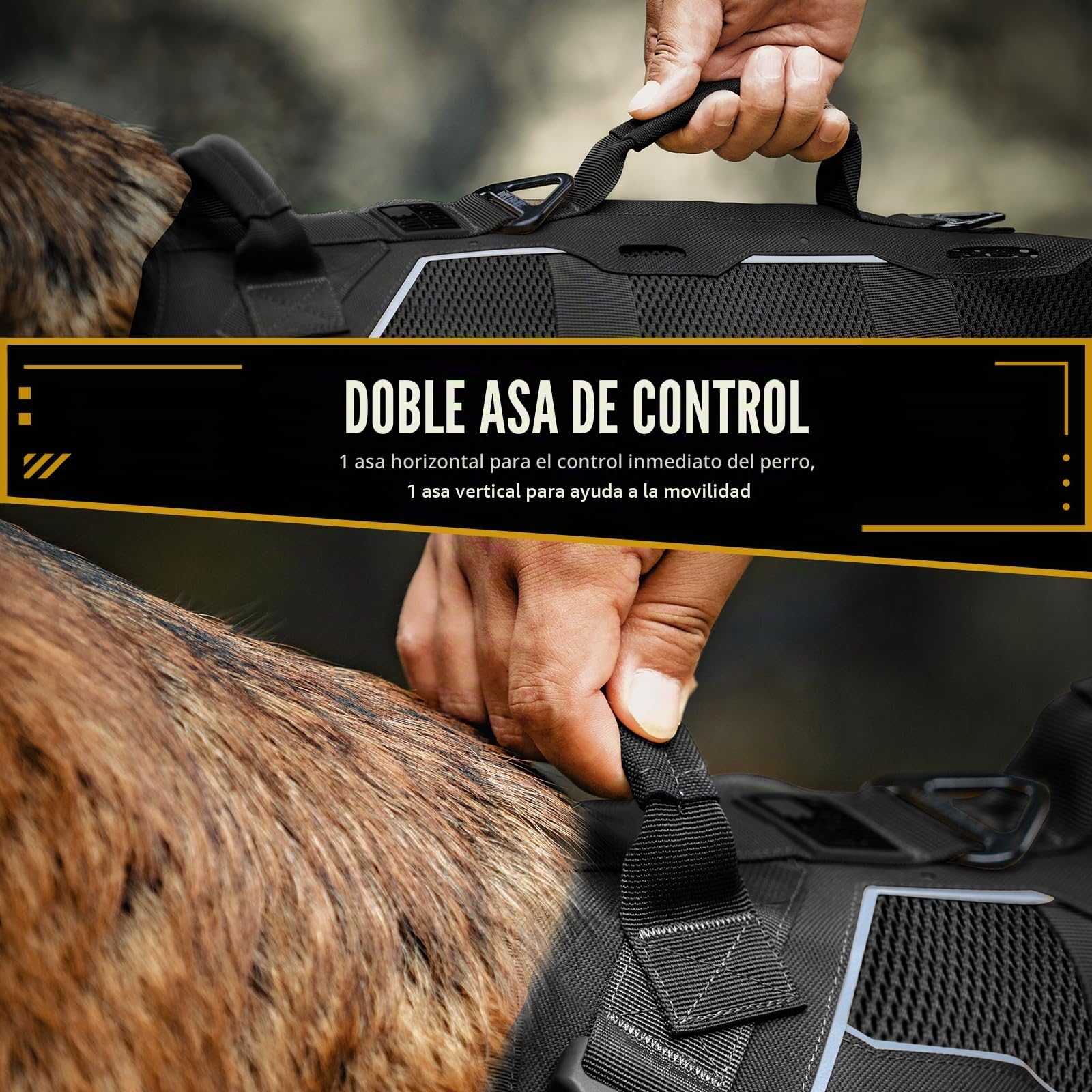 OneTigris Arnés Pecho Antitirones Perros, Aire Armor Mesh Arnés Perro Reflectante Ajustable, Táctica Arnes Perro Grande Mediano, con 2 Asas y 3 Anillos, con Sistema Molle - Negro L