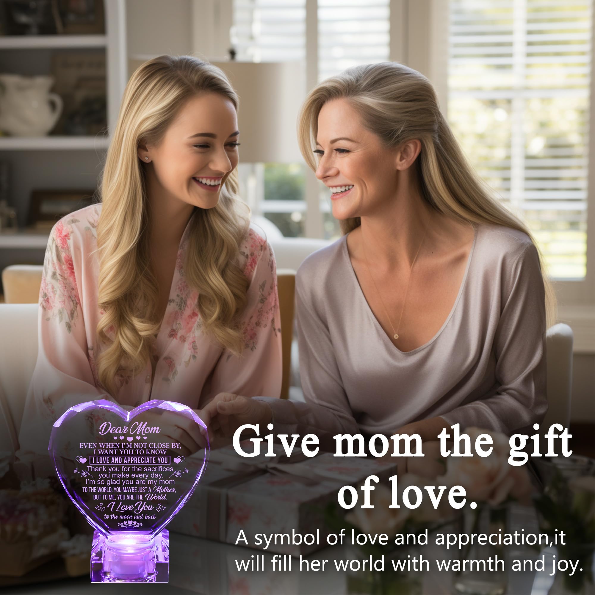 Cadeau unique pour maman, cadeau pour Noël, anniversaire, cœur en cristal gravé avec base LED rechargeable à changement de couleur, parfait pour maman de la part de sa fille et de son fils