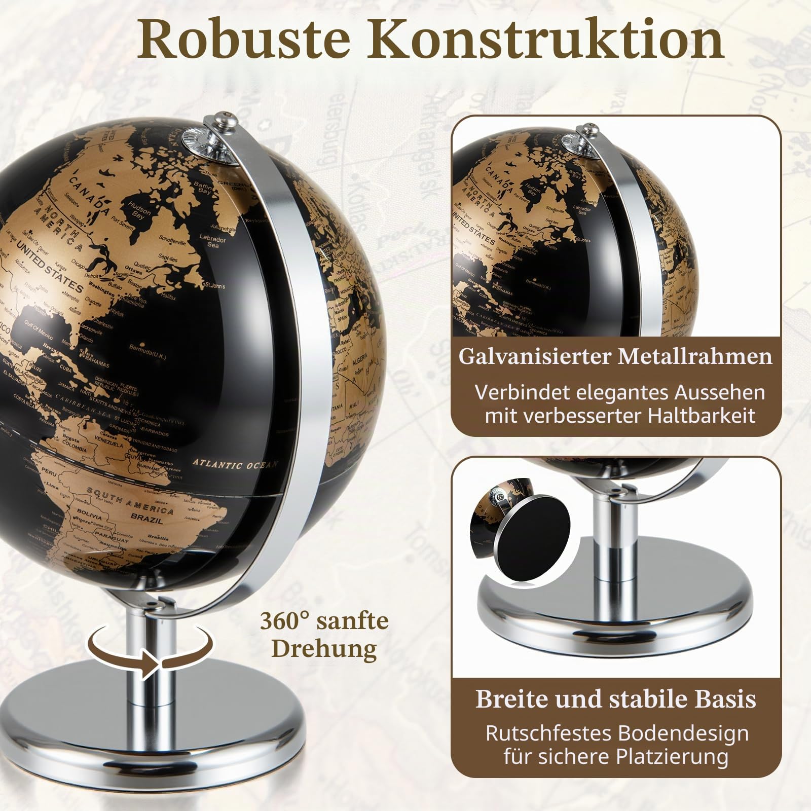 GIANTEX 20 cm Globus, Weltkugel mit stabilem Standfuß aus Metall, 360° drehbarer Schülerglobus, pädagogischer Globus für Kinder & Erwachsene, antiker Weltglobus Deko für Zuhause & Büro (Gold)