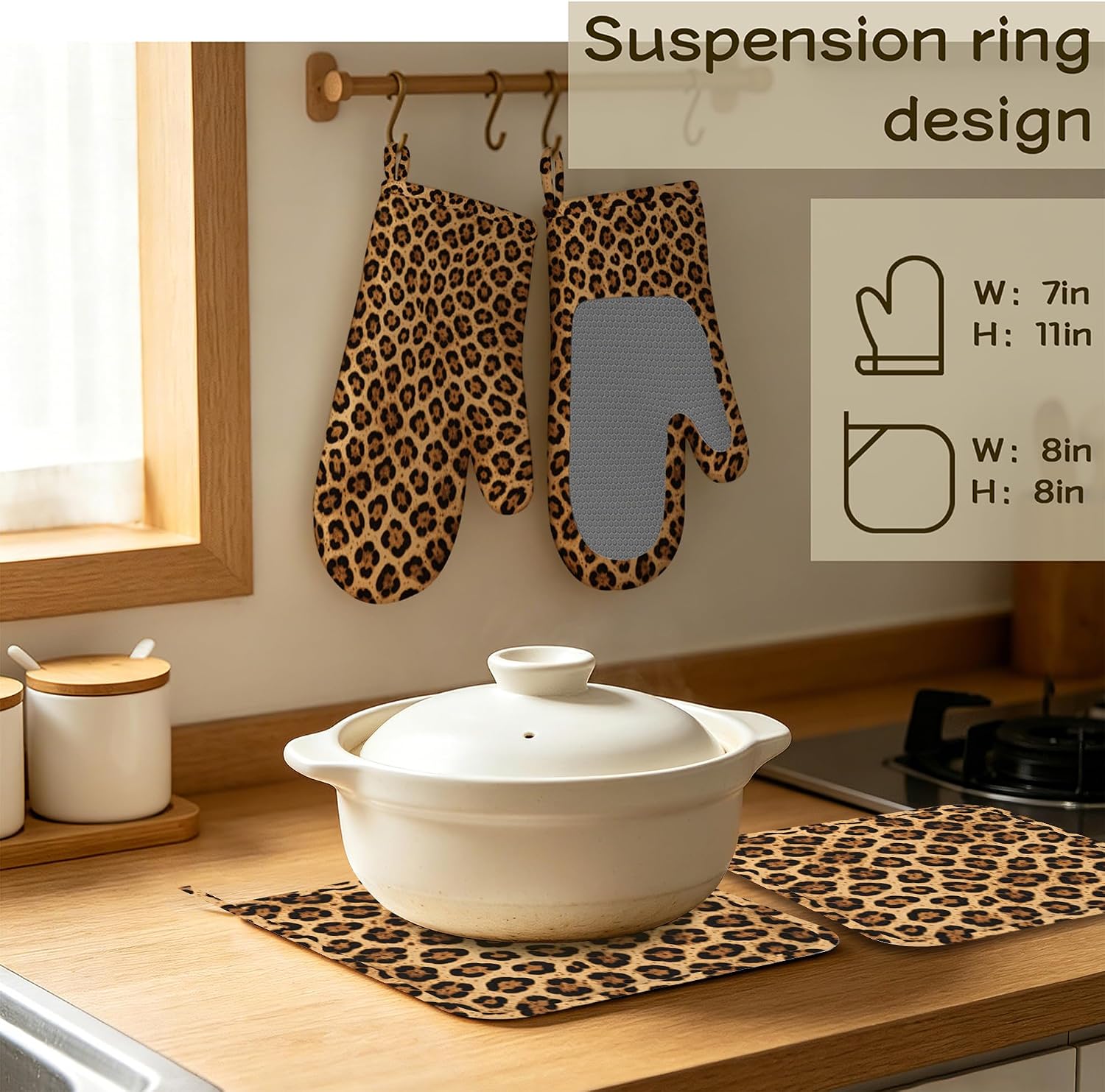 Oven Mitts and Pot Holders Leopard Print Silicone Kitchen Accessories Set of 4 Heat Resistant Gloves Potholder Non-Slip Grip for Chef Cooking Baking Grilling BBQ