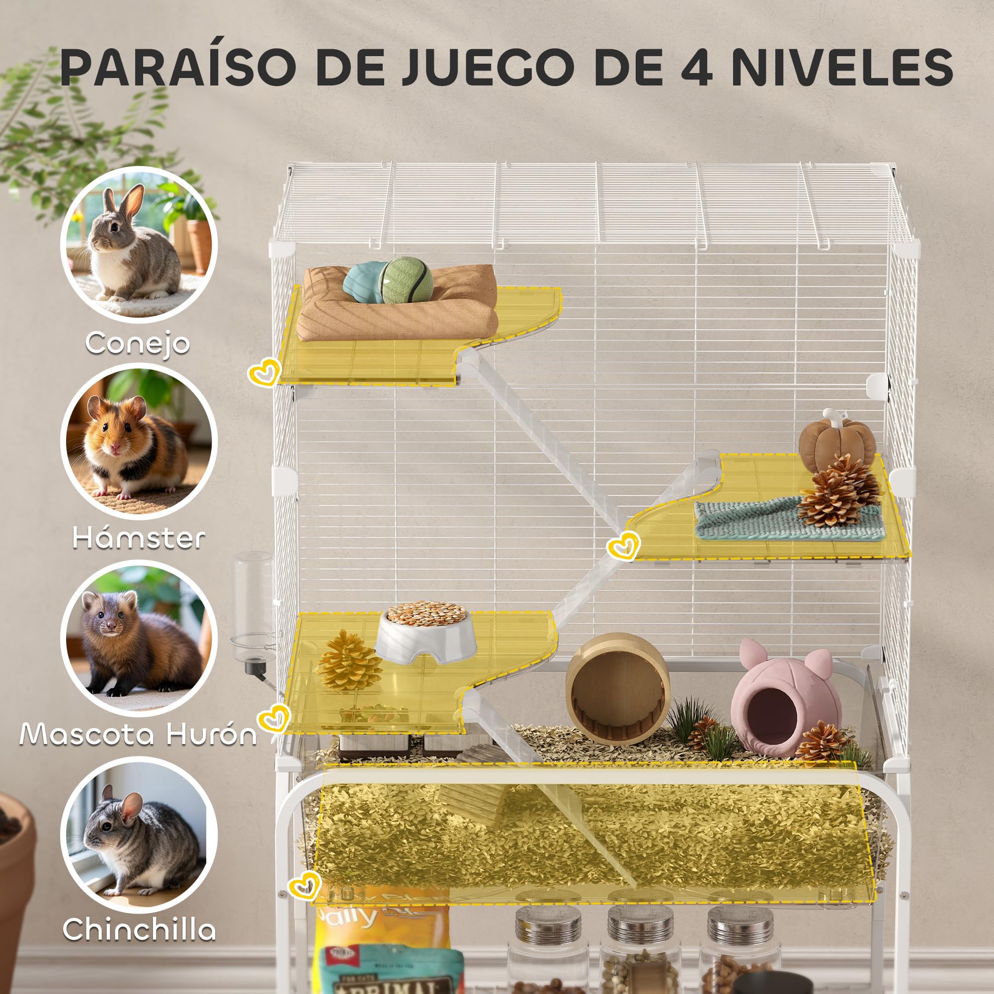 PawHut Jaula para Animales Pequeños de 4 Niveles con Ruedas Jaula para Roedores con Bandeja Profunda Rampas Plataformas Comedero y Bebedero Recinto para Chinchillas Hurones Hámster 73x47x123 cm Blanco