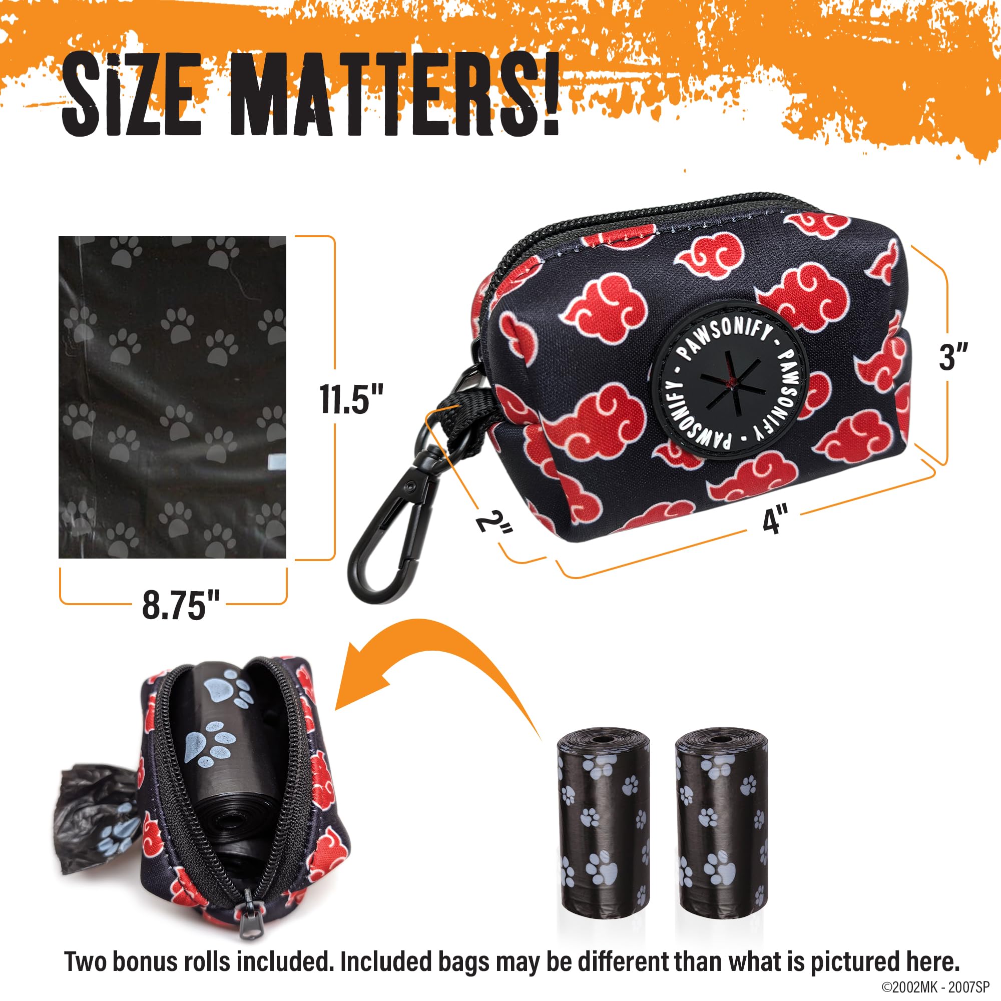 Akatsuki Dog Poop Bag Holder for Leash + 2 Bag Rolls: Officially Licensed Naruto Akatsuki Cloak Inspired Black & Red Clip on Dog Bag Holder Leash Attachment Dog Poop Bag Dispenser & Doggie Waste Bags