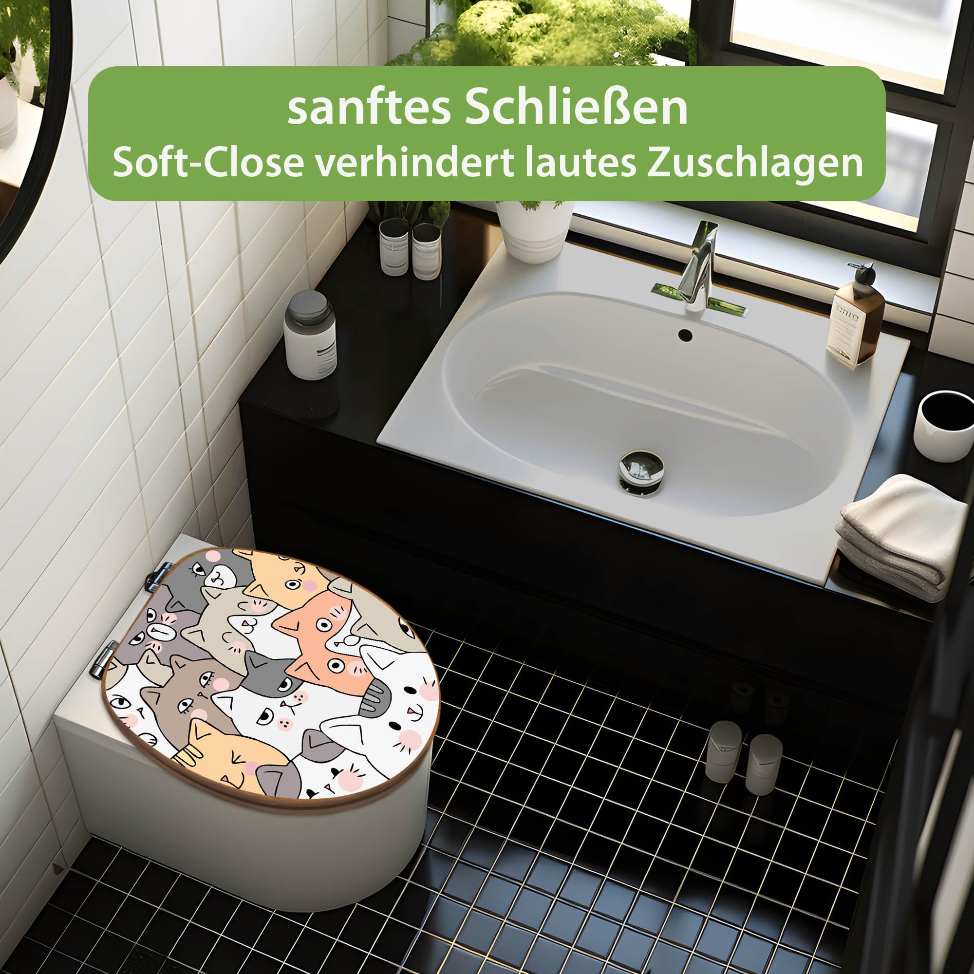 banjado Design WC Sitz Bambus Absenkautomatik 45,8x37,5cm - Toilettendeckel mit Absenkautomatik Holz - hochwertiger Bambus Klodeckel - WC-Sitz für gängigen Toiletten - Motiv Katzen Gruppe neugierig