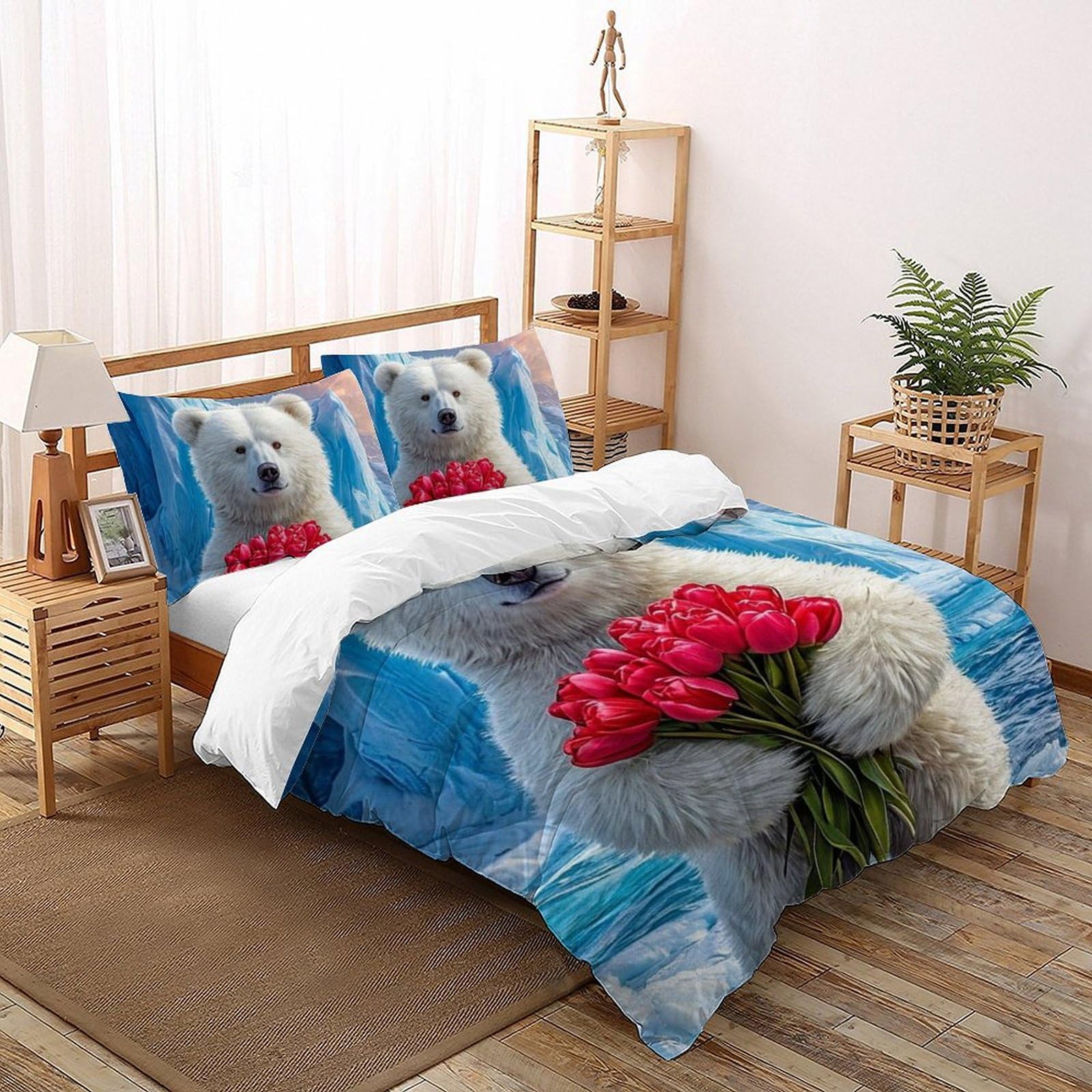 Housse de couette fille motif ours polaire anti-plis pour lit double