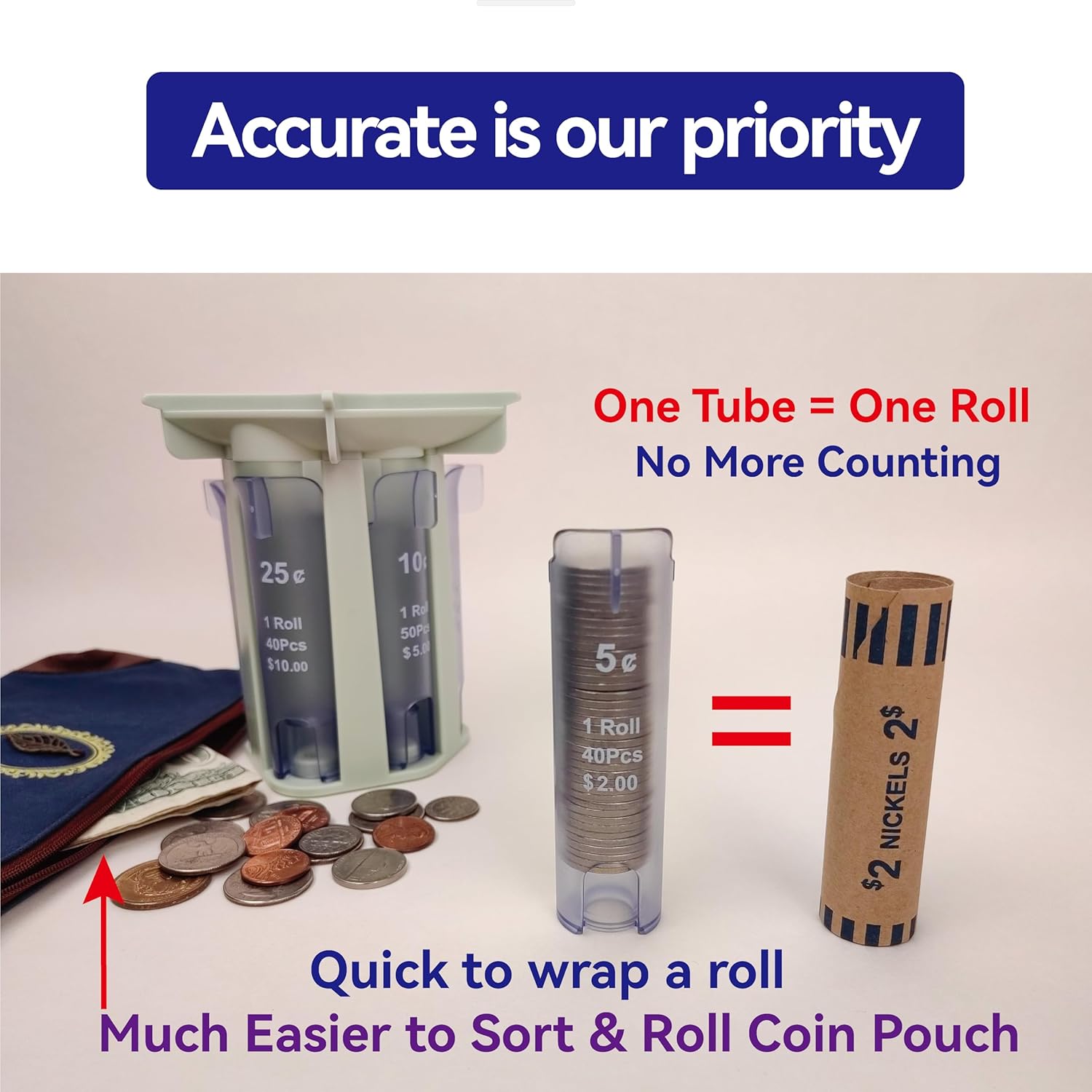 BYTEEN8 코인 롤러 카운팅 튜브 코인 분류기 코인 슬리브 체인지 분류기 코인 카운터 코인 오거나이저 및 코인 홀더 빠르고 정확하게  코인 지갑 코인 백 비우기