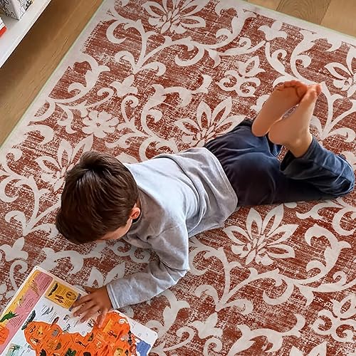 Miniatura 7 de Lukinbox Alfombras florales vintage para sala de estar, alfombra lavable de 5 x 7 pies, suaves y de pelo bajo, para interiores, que no se