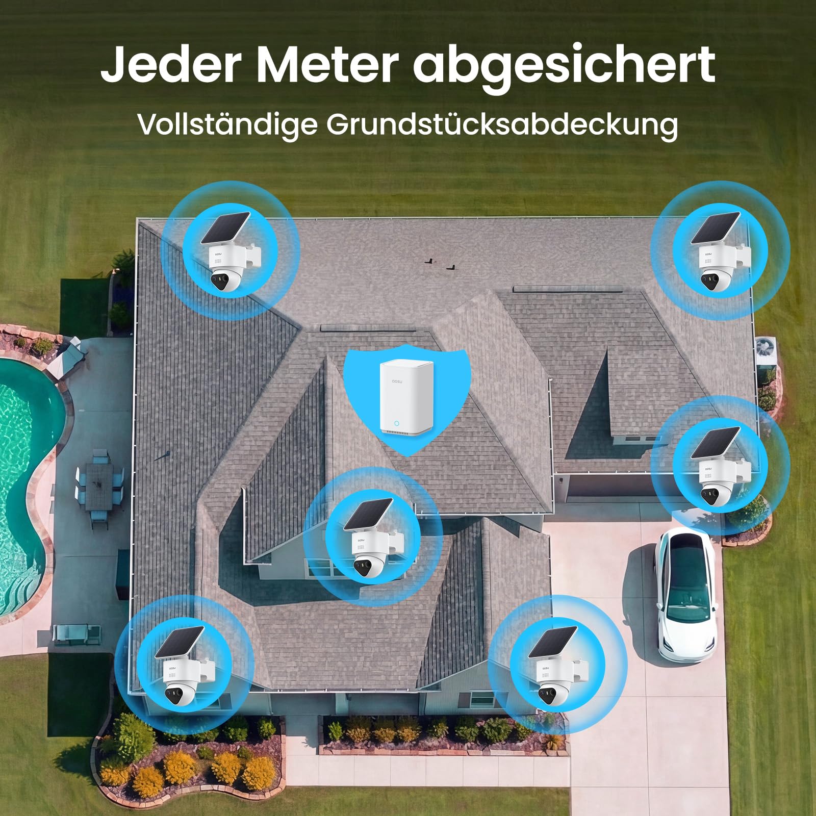aosu T2 Ultra 4K UHD Überwachungskamera Aussen Solar Akku für Neue aosuBase, 6 Cam-Kit, TrueColor Nachtsicht, Auto-Tracking, 360° Schwenk/Neigung, Kein ABO Erforderlich，erweiterbarer Speicher bis 1TB