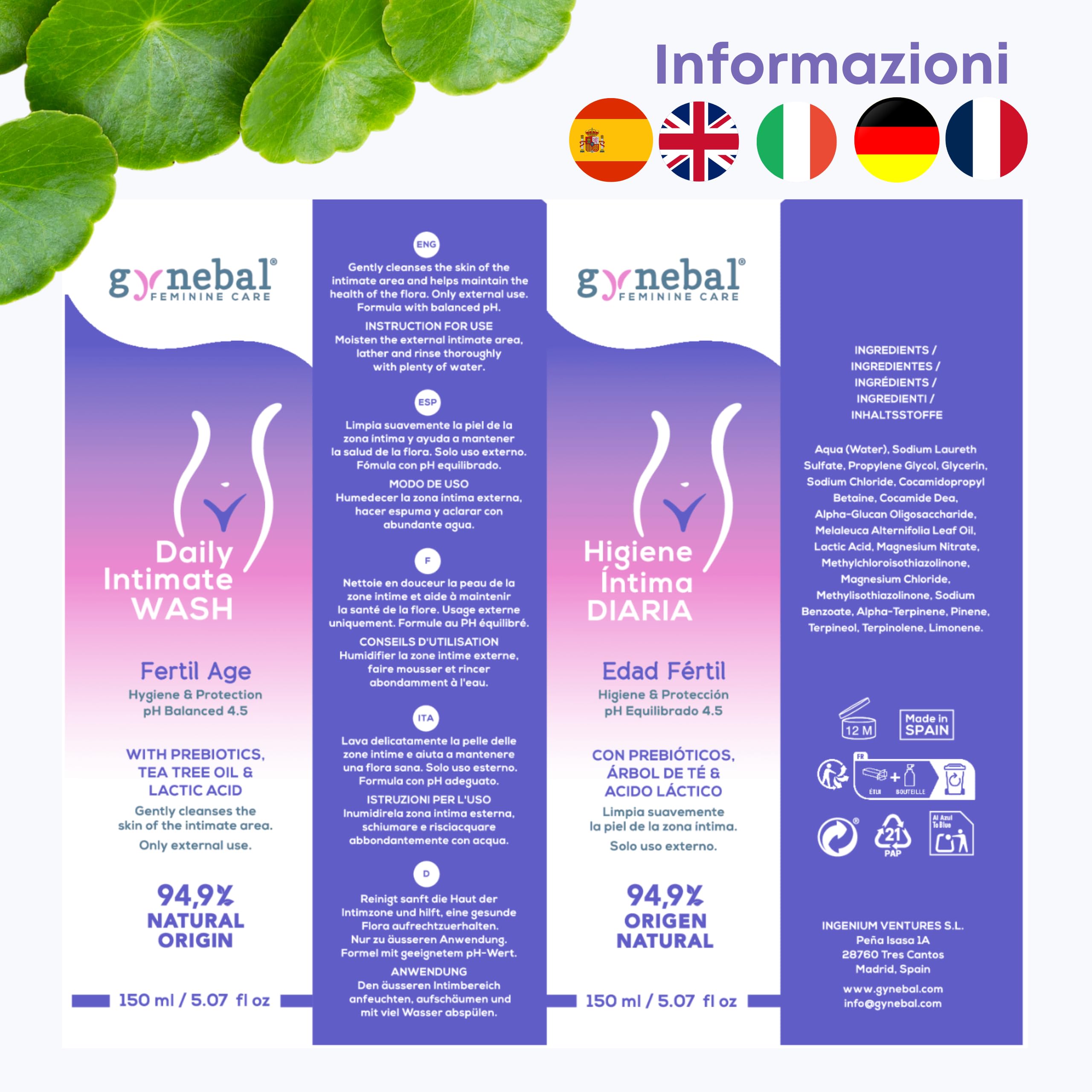 GYNEBAL detergente intimo donna tea tree oil con PH 4,5 con COMPLESSO PREBIOTICO adattato all'età fertile - Sapone intimo LENITIVO e PURIFICANTE per igiene intima quotidiana - 150 ml