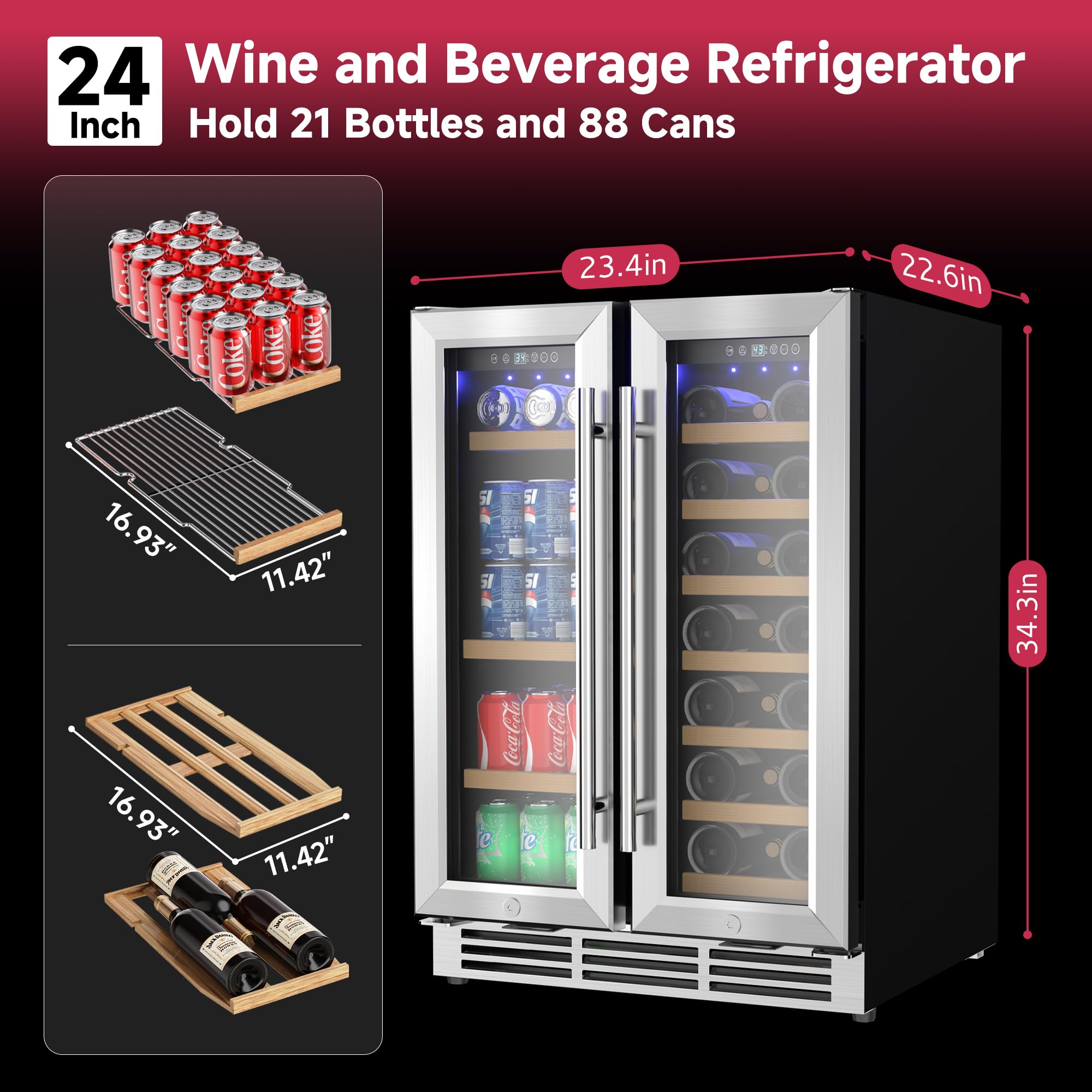 Icyglee 24" Wine And Beverage Refrigerator, Dual Zone Wine Cooler With Glass Door, Hold 88 Cans & 21 Bottles, Built In Or Freestanding Under Counter Wine Fridge With Blue LED Light. on Fridge.com - View 3