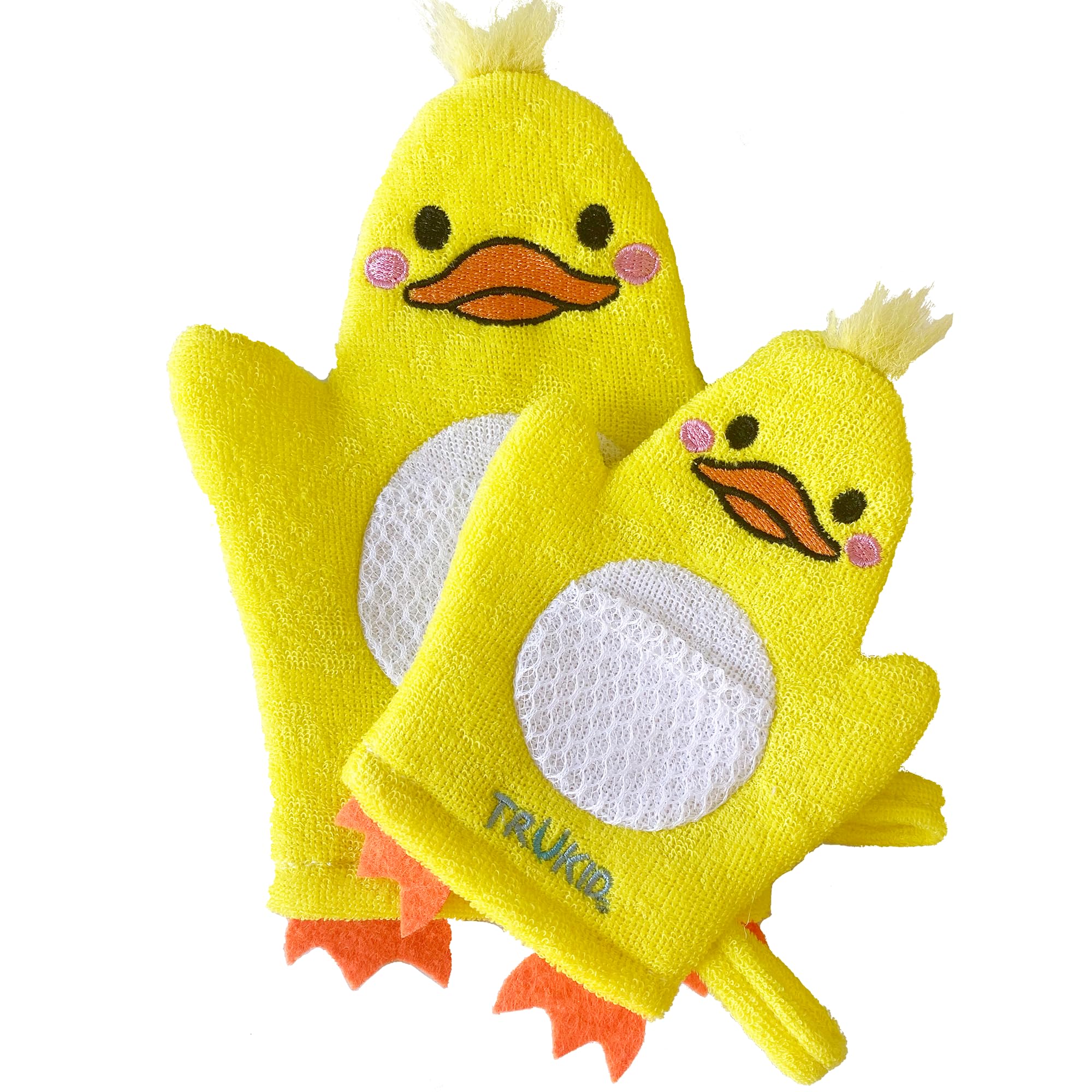 TruKid BubbleGlove, Bath Wash Gloves-Sponge - Hand Puppet for Kids & Toddler, Bath Sponge & Baby Washcloth Mitt for Kids & Adults, Body Scrubber for Mommy & Me - Duck Set of 2