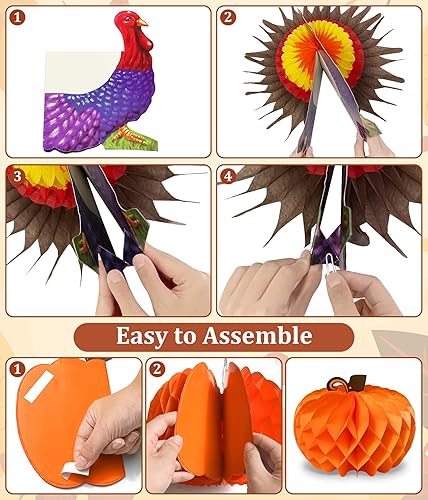 Miniatura 6 de Paquete de 6 centros de mesa de Acción de Gracias, centros de mesa de papel de pavo y calabaza de panal para mesas, centro de mesa de otoño,