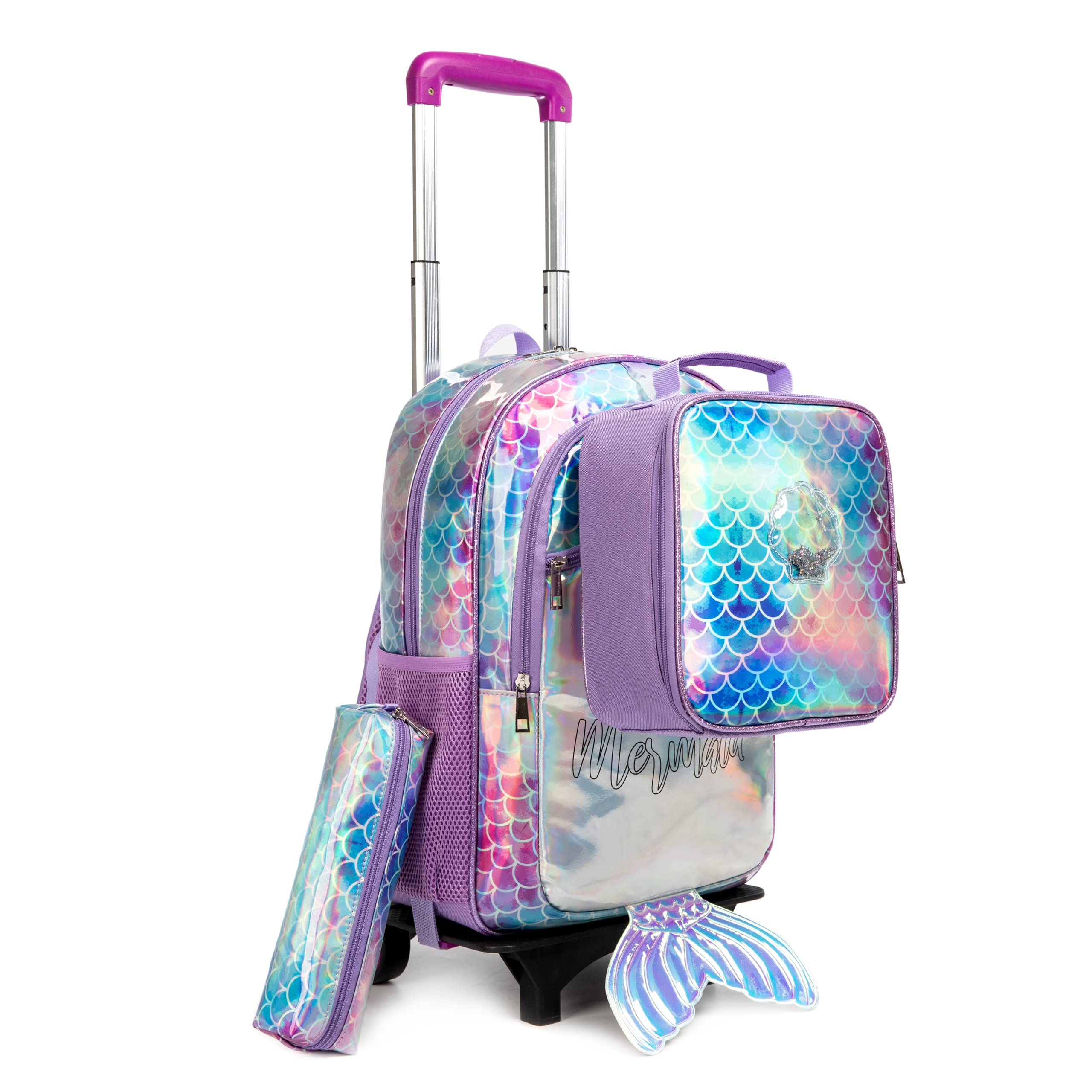 HTgroce Mochila Escolar Linda de Sirena, Con Ruedas, para Niña, Traiga un Estuche para lápices y una Bolsa para el Almuerzo