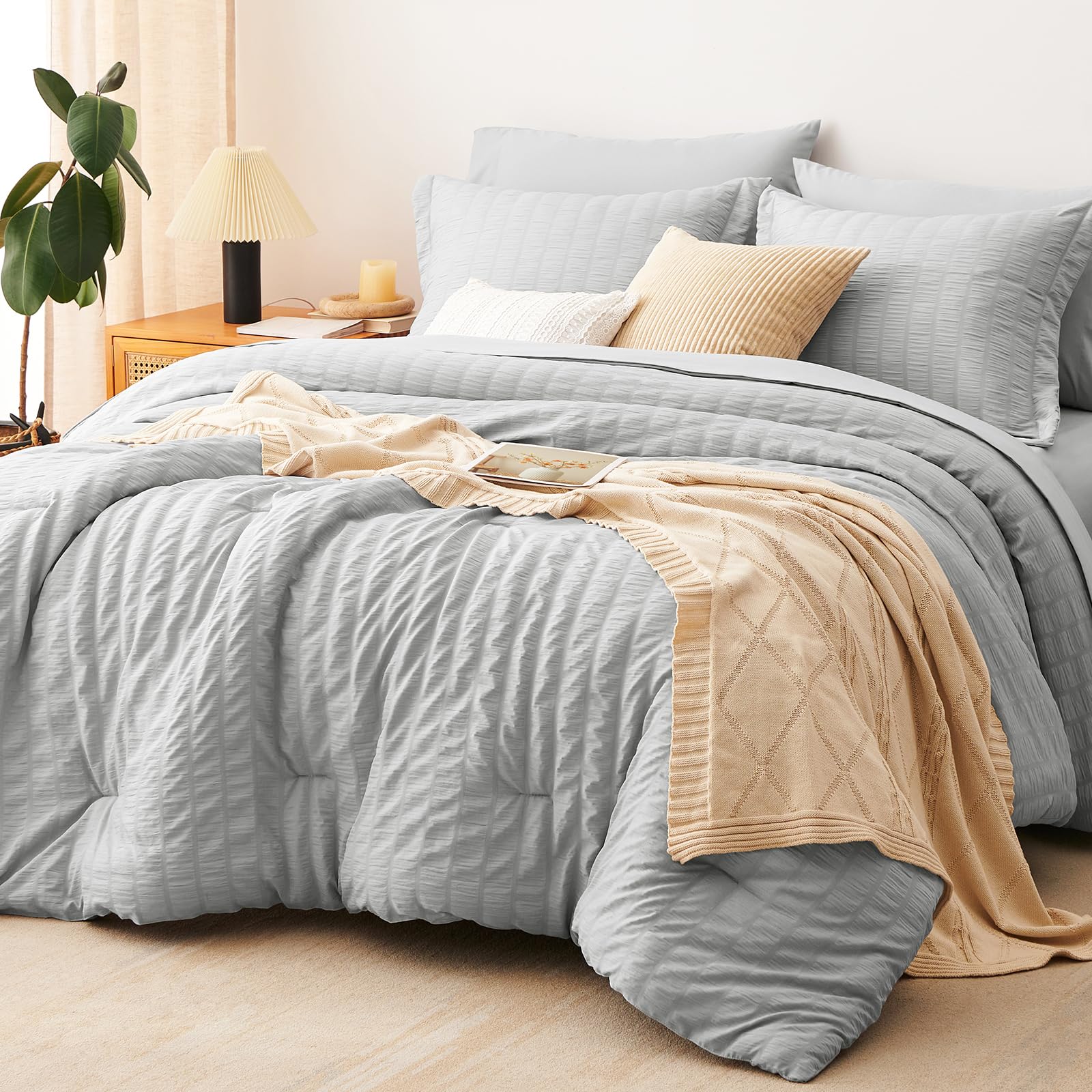 CozyLux Queen Comforter Set Light Grey Seersucker 7 Pieces Bed in a Bag Queen Comforter Set with Sheets Luxury Soft Bedding Set with Down Alternative Comforter, Sheets, Pillowcases & Shams All Seasons