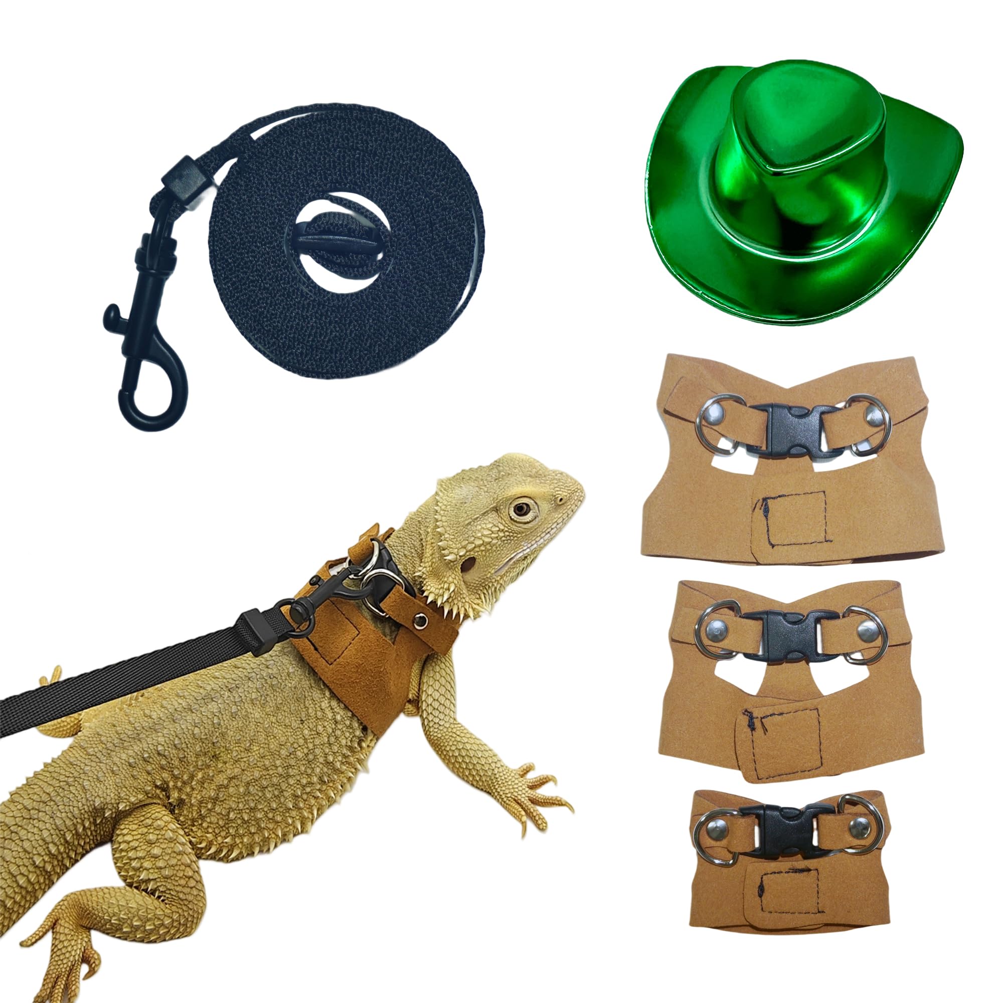 Reptile Pets Leash Harness Set with Jackets and a Party Theme Hat for Bearded Dragon Lizard, Leopard Gecko and Other Small Animal Pets, Outdoor Play, Green