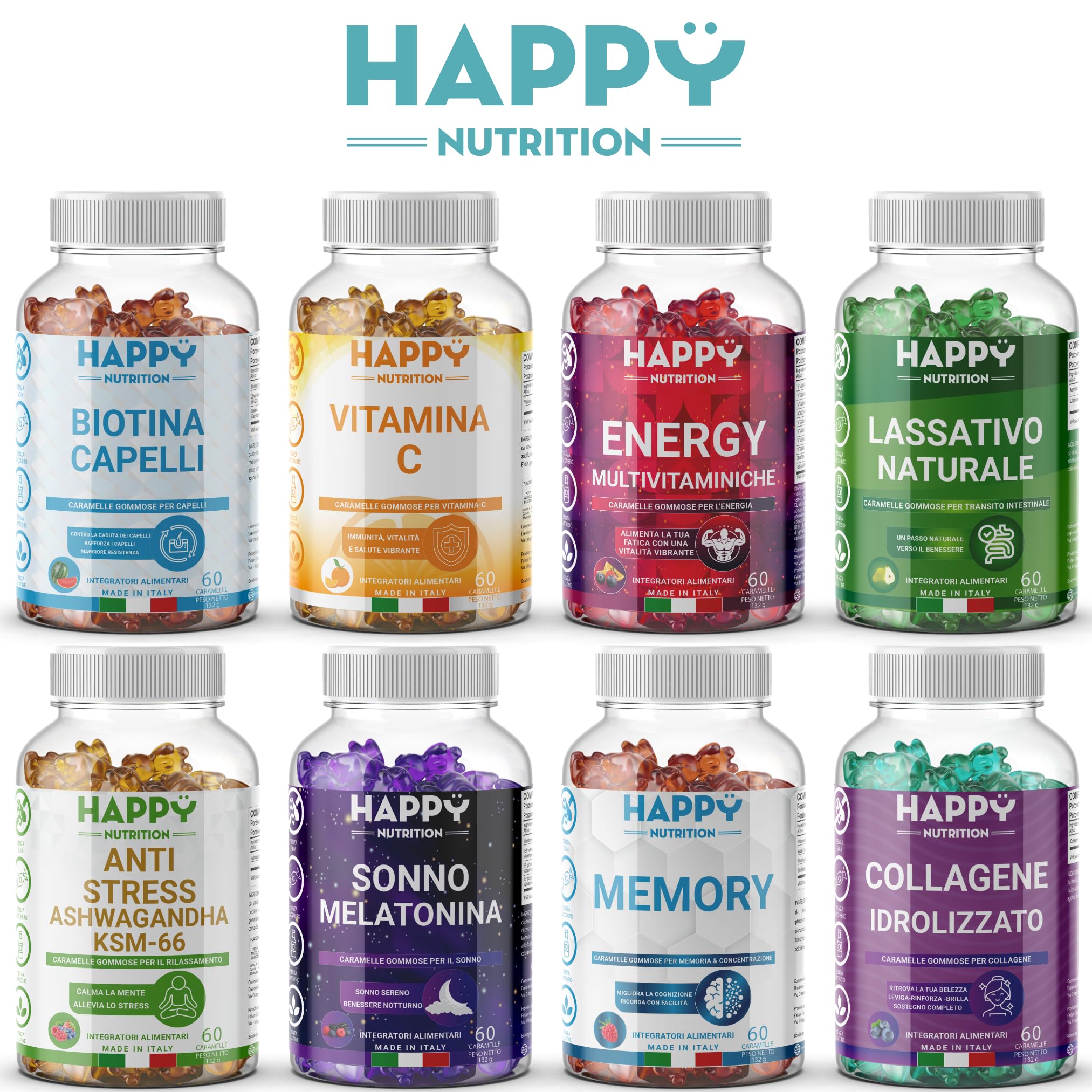 Happy Nutrition Biotina Per Donna e Uomo - 60 Caramelle Gommose Anguria - Integratori per Capelli - Vitamine Gommose per Crescita dei Capelli