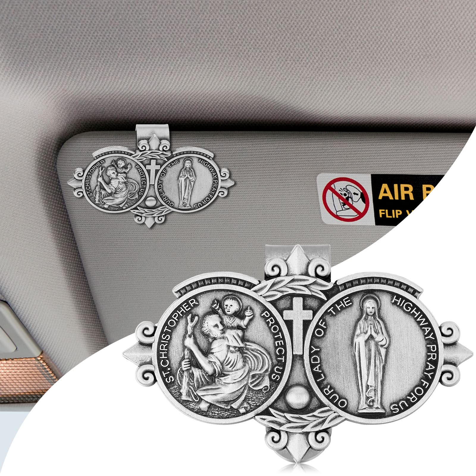 St Christopher Medal for Car St Christopher Catholic Visor Clip for Car Our Lady of The Highway Visor — view 4