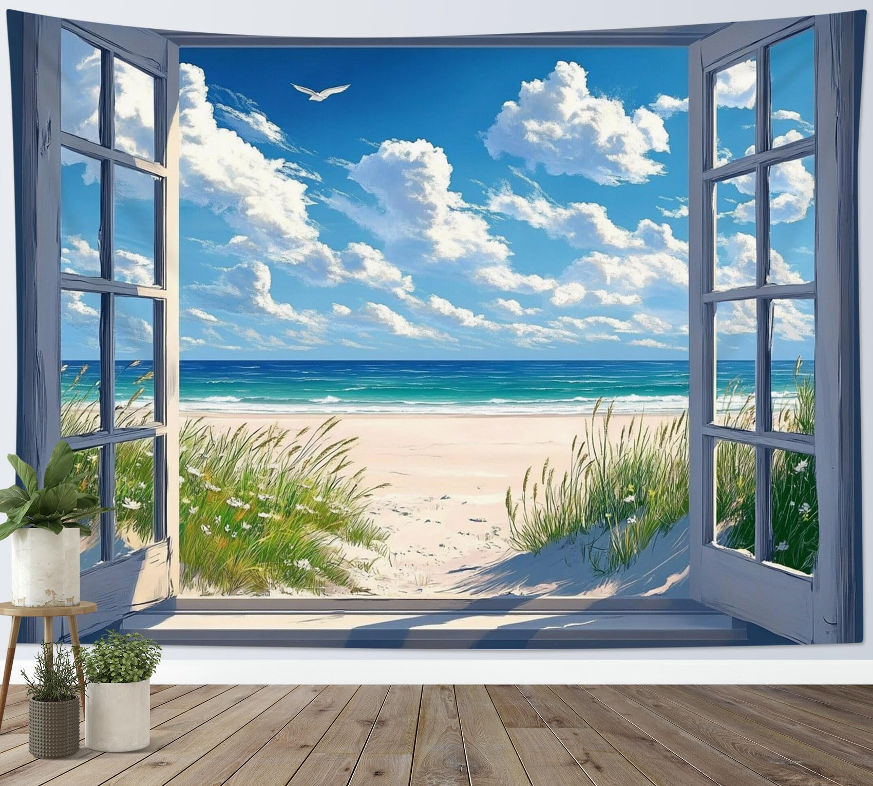 LB Tropical Beach Tapestry Wall Hanging Blue Sea Green Plants Summer Nature Landscape Wall Decor for Living Room Bedroom Home Office,78x59 inch