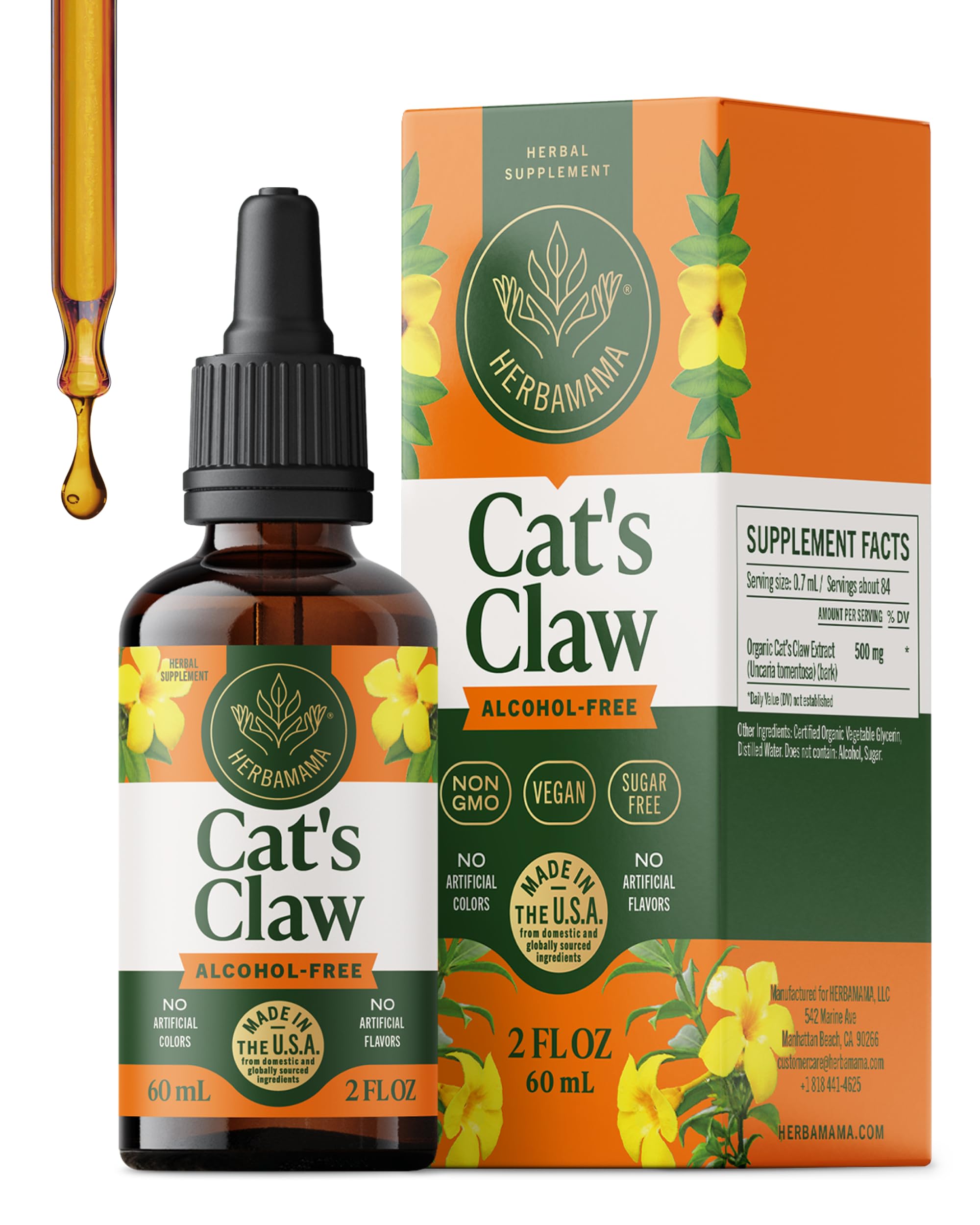 HERBAMAMA Cat's Claw Tincture - Vegan Cat's Claw Extract Supplement for Immune Support - Non-GMO, Alcohol & Sugar-Free Uncaria Tomentosa Drops
