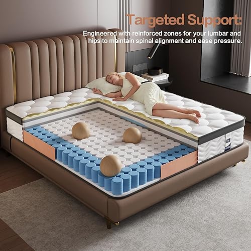 Miniatura 6 de Colchón de tamaño King, colchón híbrido de espuma viscoelástica de firmeza media y resortes de bolsillo, colchón tamaño King de 12 pulgadas en una