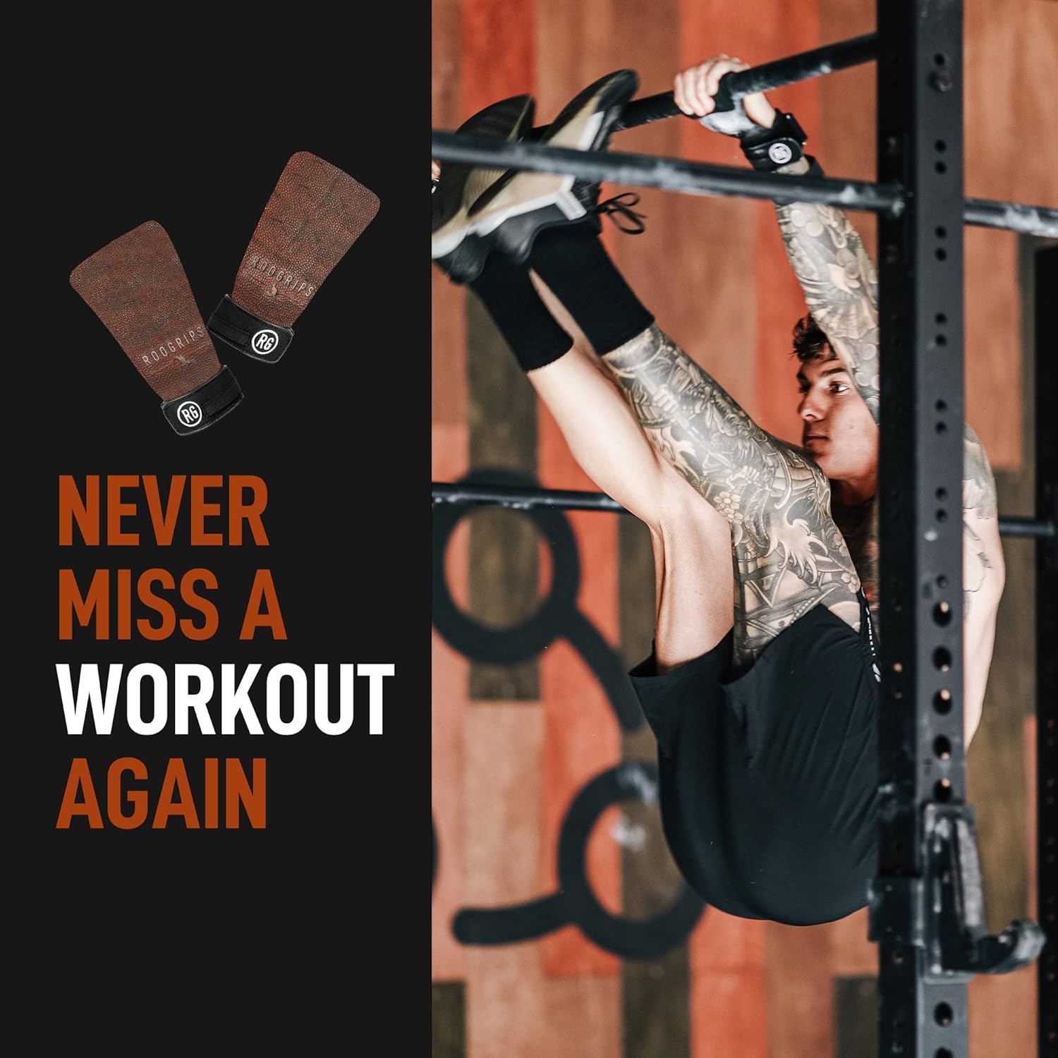 RooGrips Fingerless Premium Leather Hand Grips for Gymnastic Bars, Cross Training, Gym & Home Workouts, Pull Up Bars & Weightlifting - The Most Durable Palm Guard from Rips and Blisters