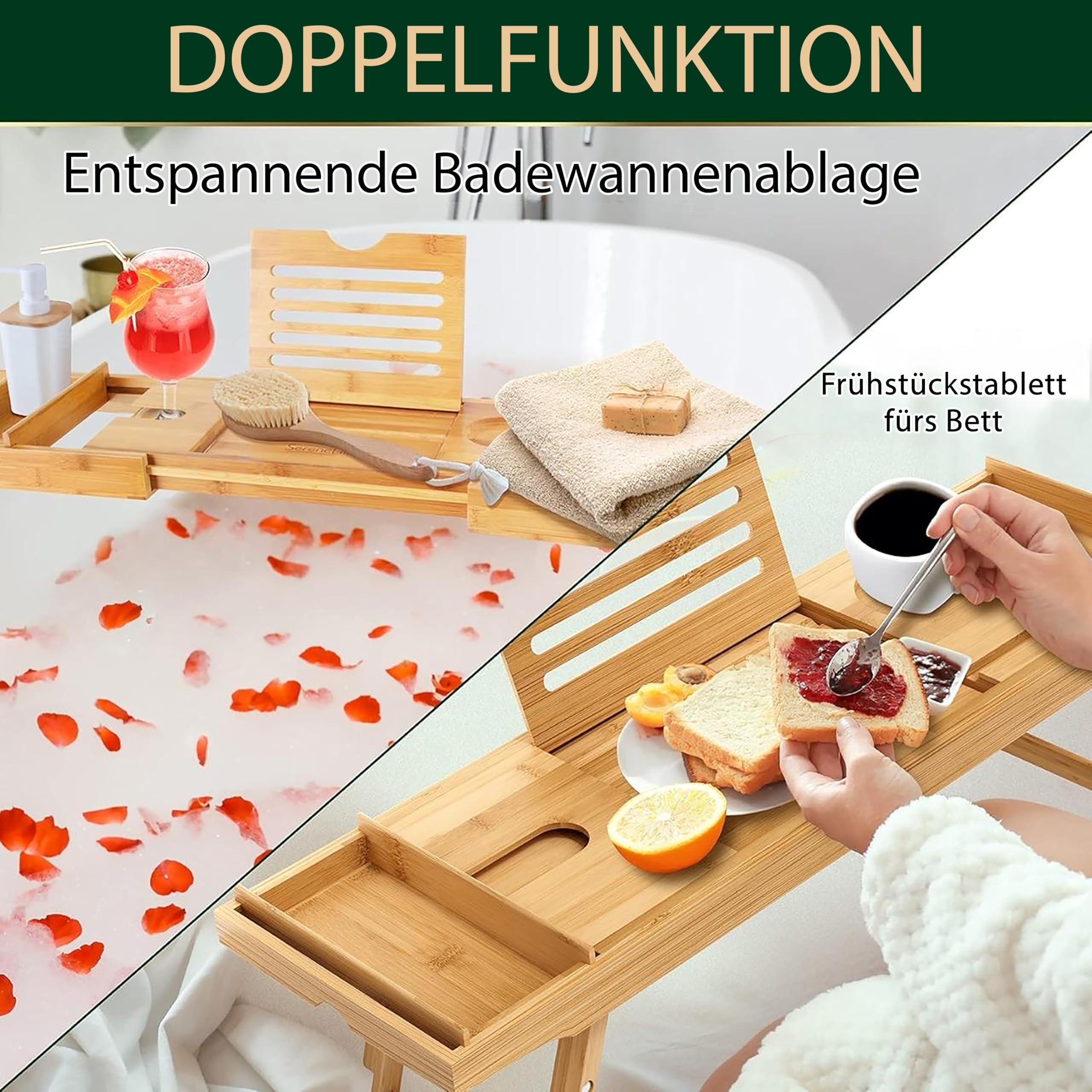SereneLife Badewannenablage aus Bambus 2-in-1 als Bett Tablett – Ausziehbares Badewannenbrett 75–108 cm, höhenverstellbar, klappbar mit stabiler Buch- und Tabletstütze