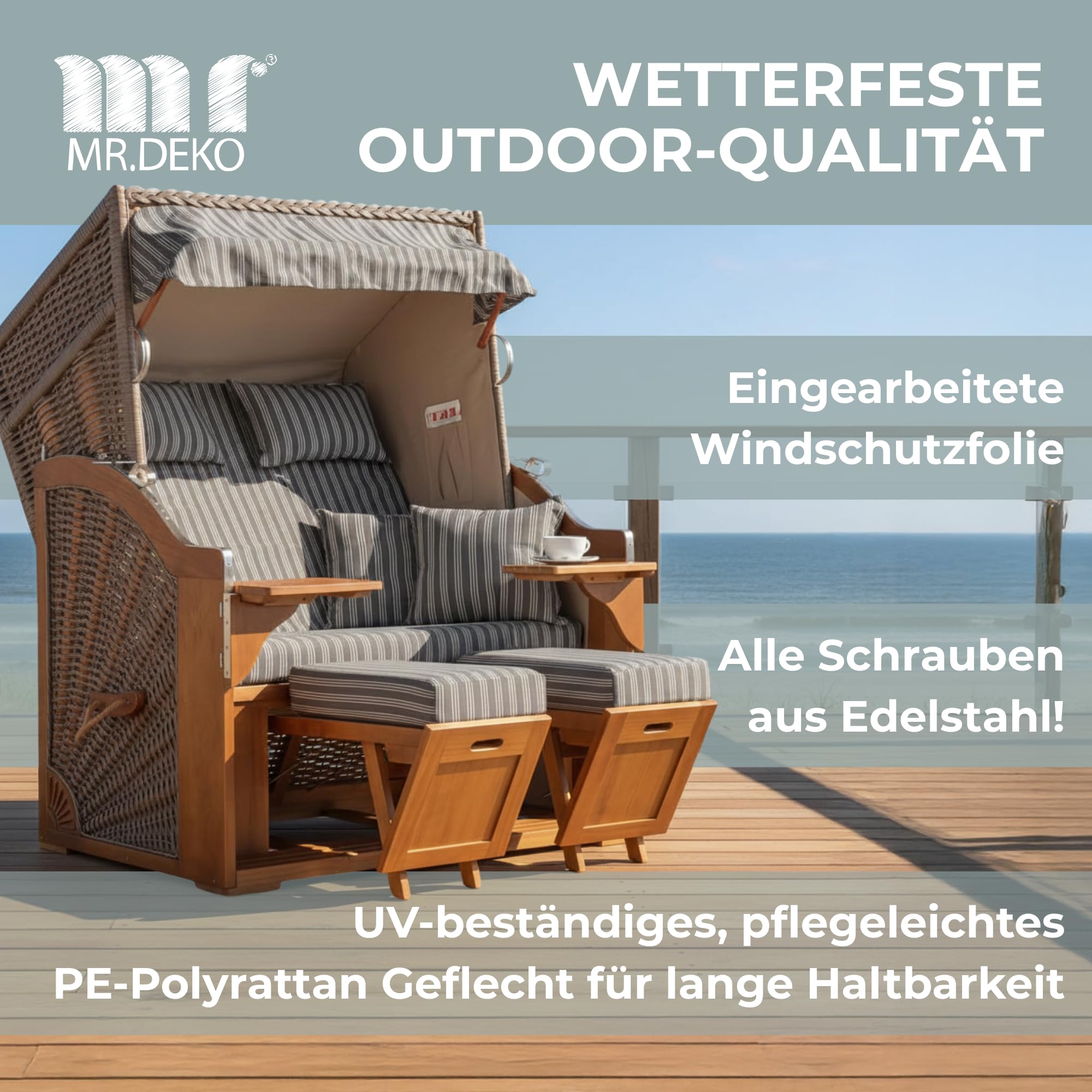 MR. DEKO Strandkorb 2 Sitzer Schleswig Pinie | wetterfeste Strandkörbe | Bereits montiert