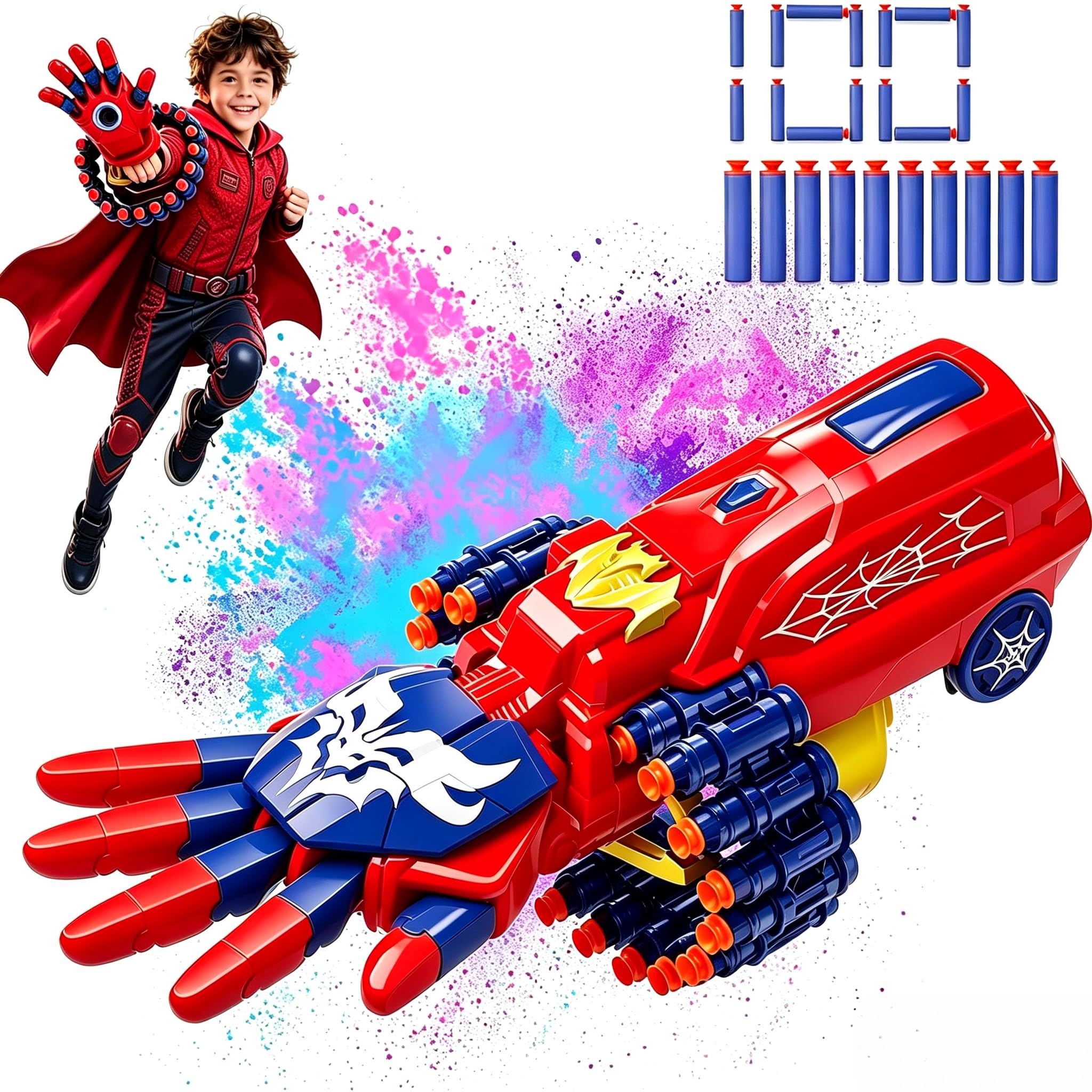 Web Shooter Set, Spider Web Shooter for Kids, Electric Launcher Toys with 100 Soft Darts, 100ft Range & USB Rechargeable, Indoors & Outdoors Toys for Boys Girls Ages 6–12+, Gifts for Birthdays