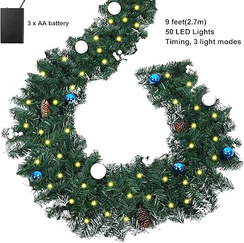Miniatura 2 de Yunlly Paquete de 6 guirnaldas artificiales de Navidad de 9 pies con 50 luces de pino preiluminadas, funciona con pilas para exteriores con