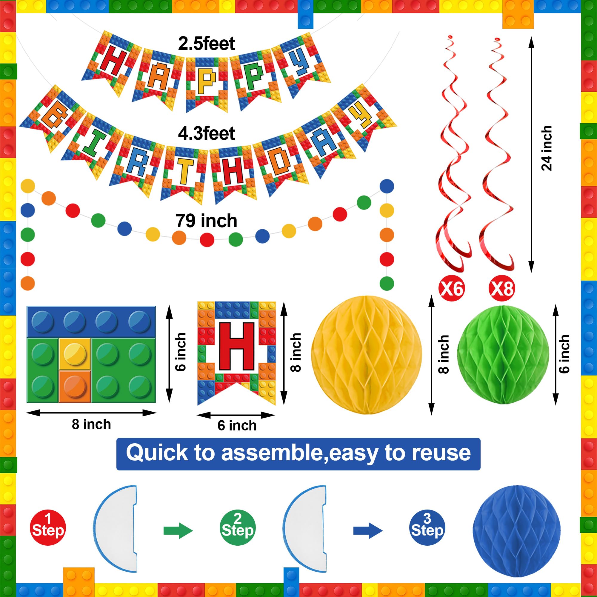 Building Block Birthday Banner - 80 Inch Brick Theme Party Garland