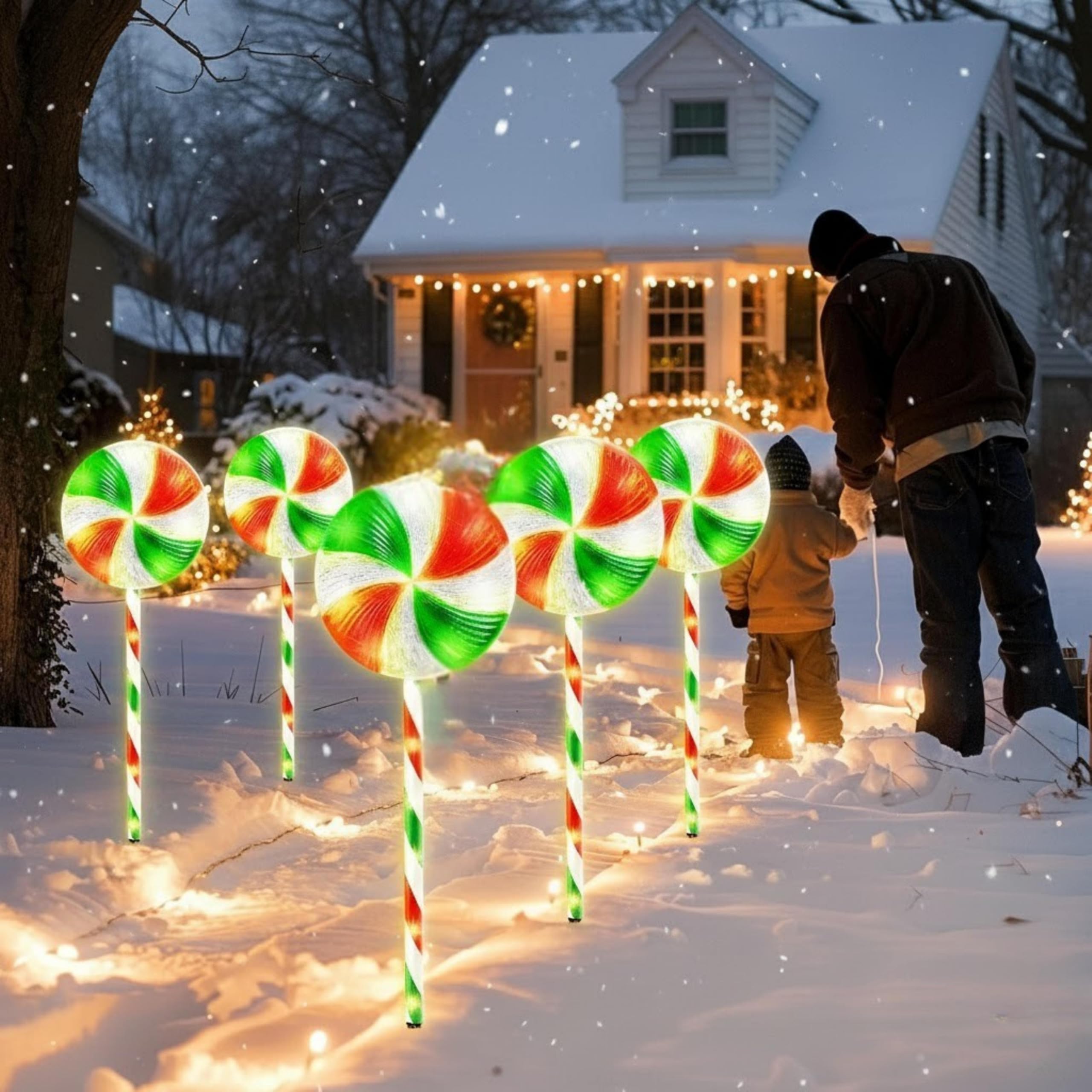 ADEPTNA 5-Piece Candy Cane Christmas Decorations Lights - 60 LED Outdoor Pathway Lights with Timer, 8 Modes - Battery Powered Garden Outdoor & Driveway Décor (Lollipop)