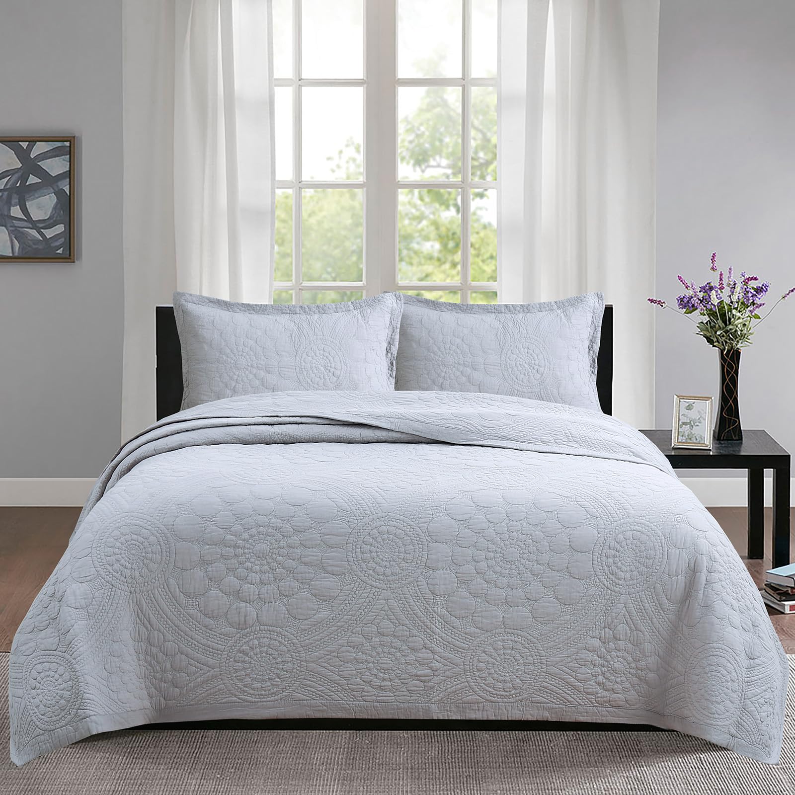 PRELGOSP 3 Piece Quilted Bedspread 240x260cm, 100% Cotton Embroidered Bedspreads for Bedroom, Includes 1 Comforter & 2 Pillow Shams,light grey