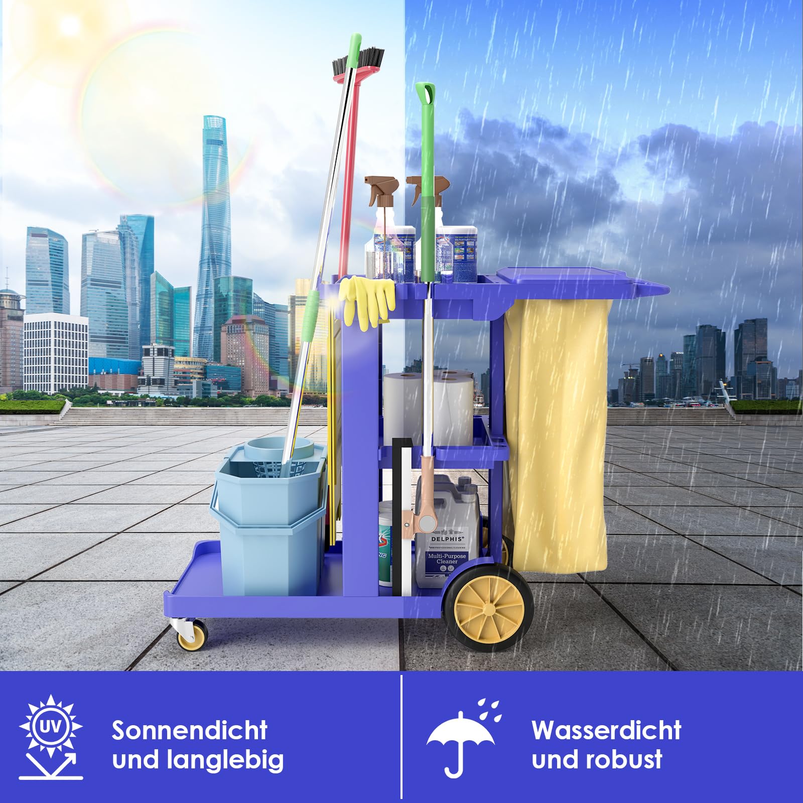 Carro de limpieza con 3 compartimentos, carrito de limpieza profesional, 83 x 46 x 90 cm, carrito con 4 ruedas, gran capacidad, 65 L, bolsa de basura para servicios de hoteles, centros