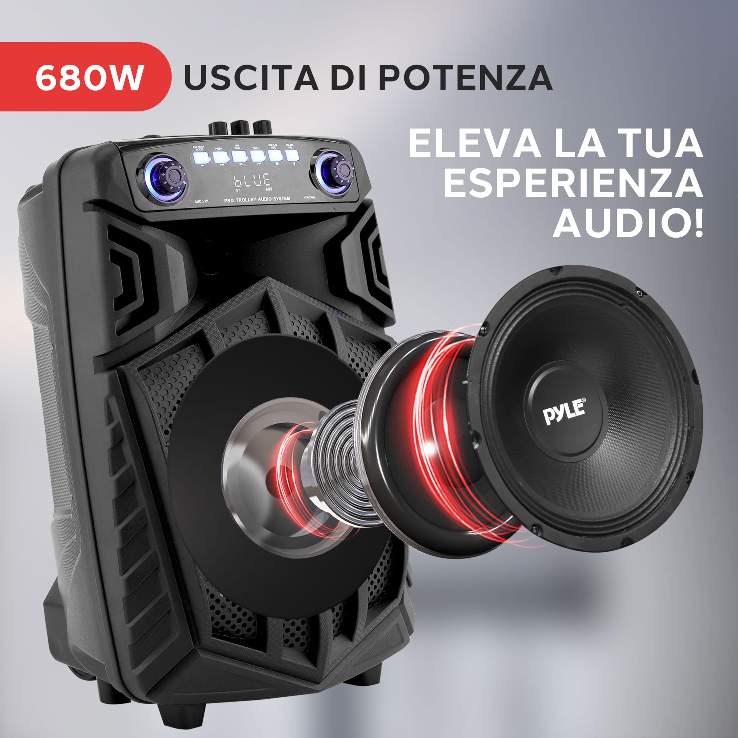 Pyle Cassa Bluetooth Portatile 680W, Altoparlante Bluetooth PA 25cm con Microfono Wireless, Ruote, TWS, Luci, Display LED, Ingresso Mic 6,5mm, FM/AUX/MP3/USB/SD