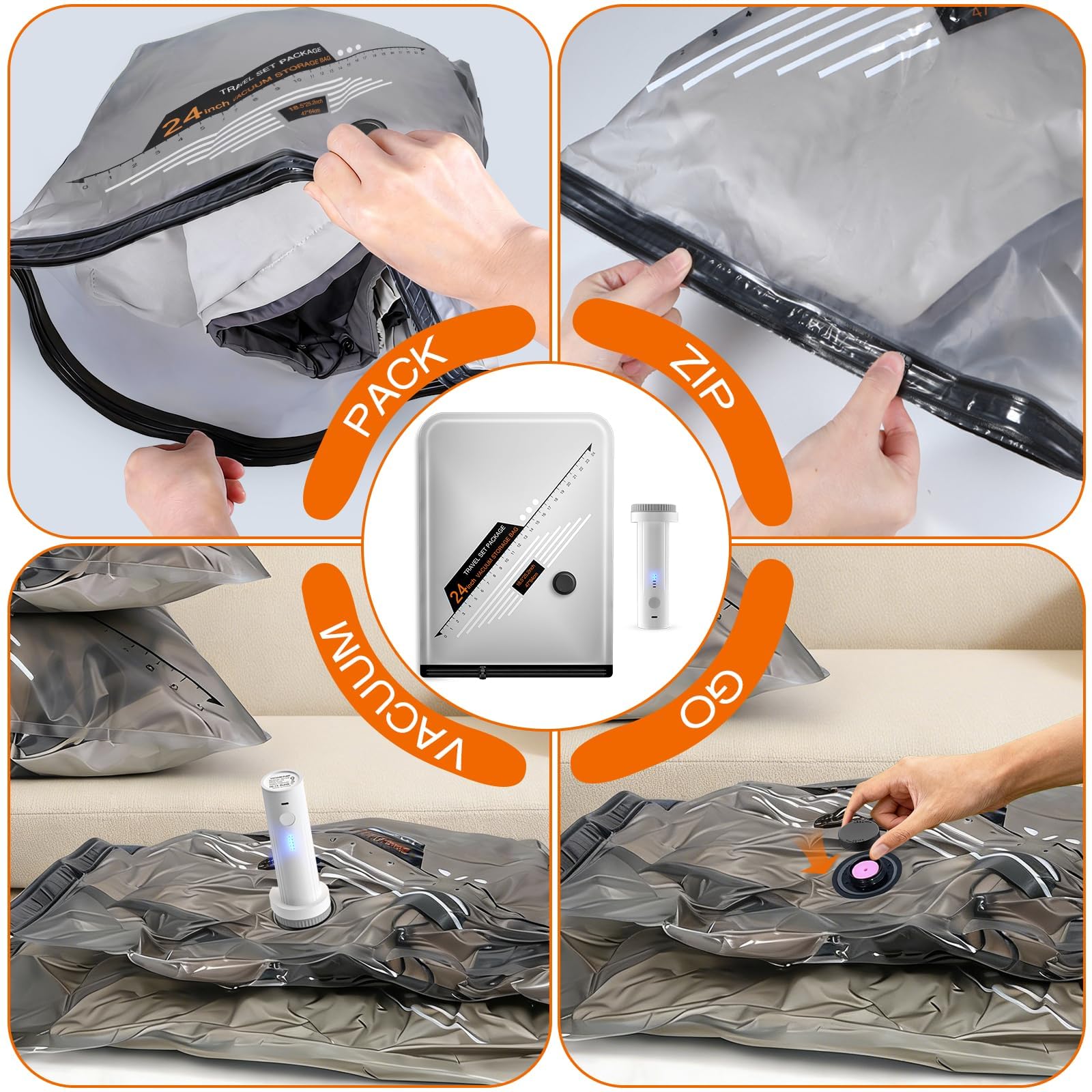 Bolsas de almacenamiento al vacío para viajes con 2 bombas, paquete de 12 bolsas reutilizables para ahorrar espacio con bomba eléctrica recargable y bomba manual que ahorra un 80% de espacio para