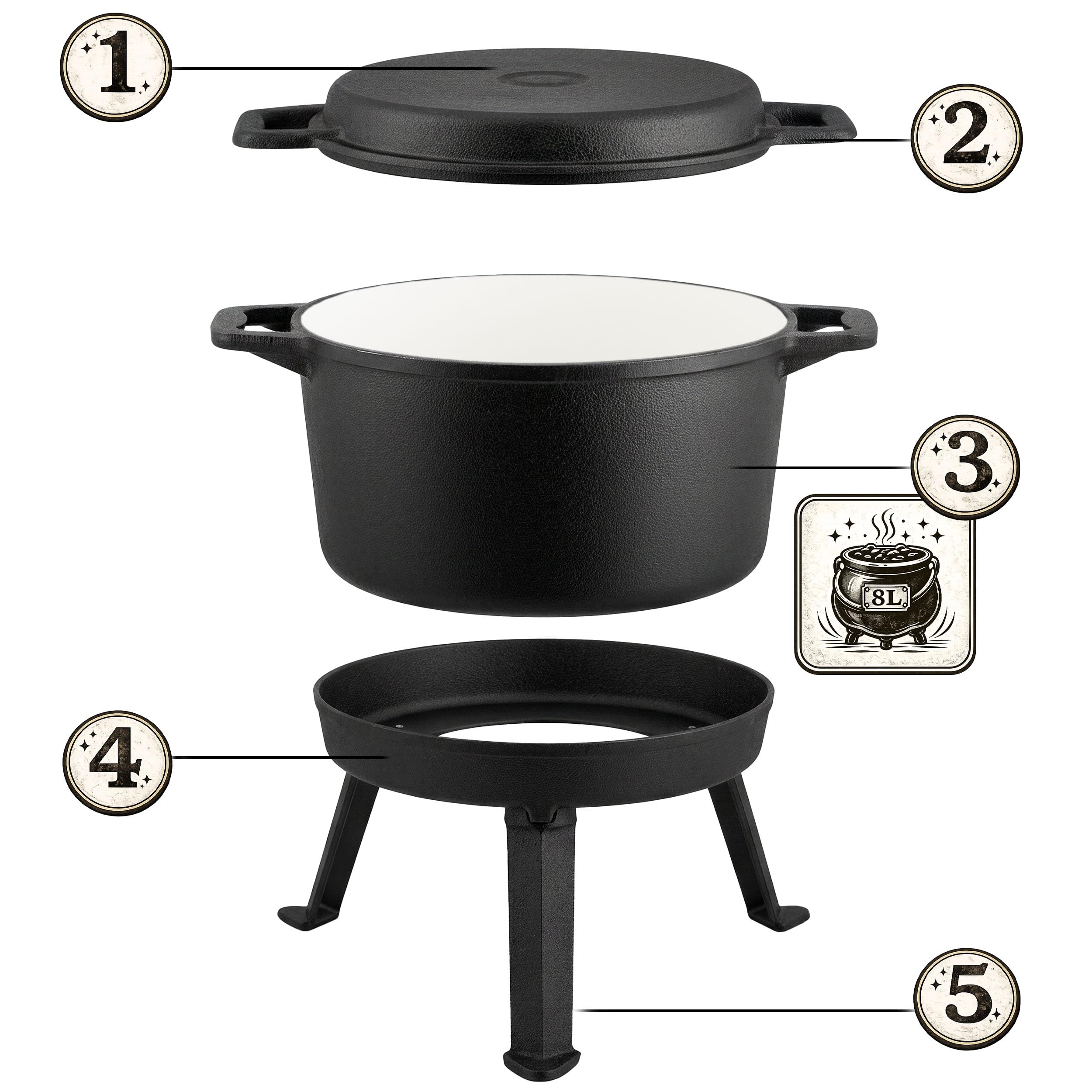 Berdsen Gusseisen Topf 8 L Dutch Oven - Emailierter Feuertopf für Lagerfeuer und Grill - 2-in-1 Deckel als Pfanne nutzbar - mit 3 Beinen und Aufhängebügel - inkl. Rezeptbuch - Schwarz