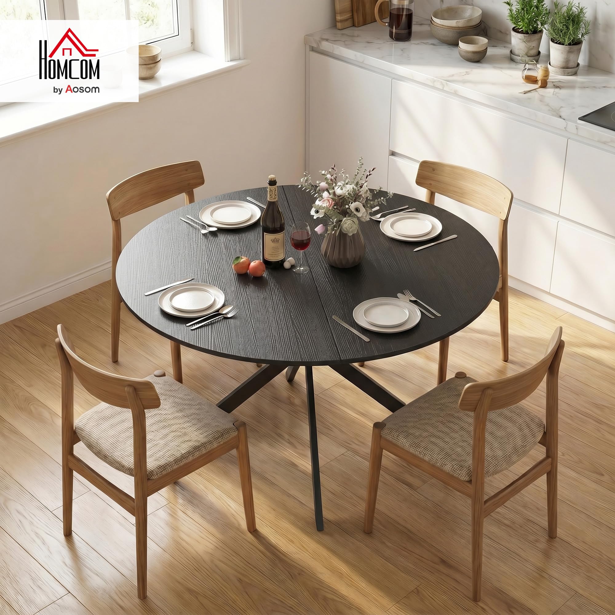 HOMCOM Tavolo da Pranzo Rotondo Ø120 cm, Piano Effetto Legno, Nero