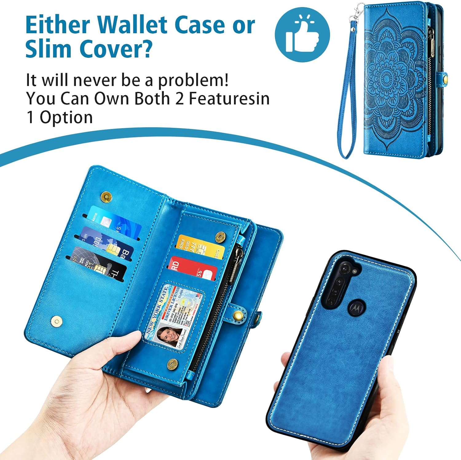 Asuwish Phone Case for Moto G Stylus 2020 MotoG Pro Zipper Wallet Cell Cover with Tempered Glass Screen Protector Strap Flower Card Holder Slot Motorola GStylus Stylo XT2043-4 XT2043 Women Girls Blue