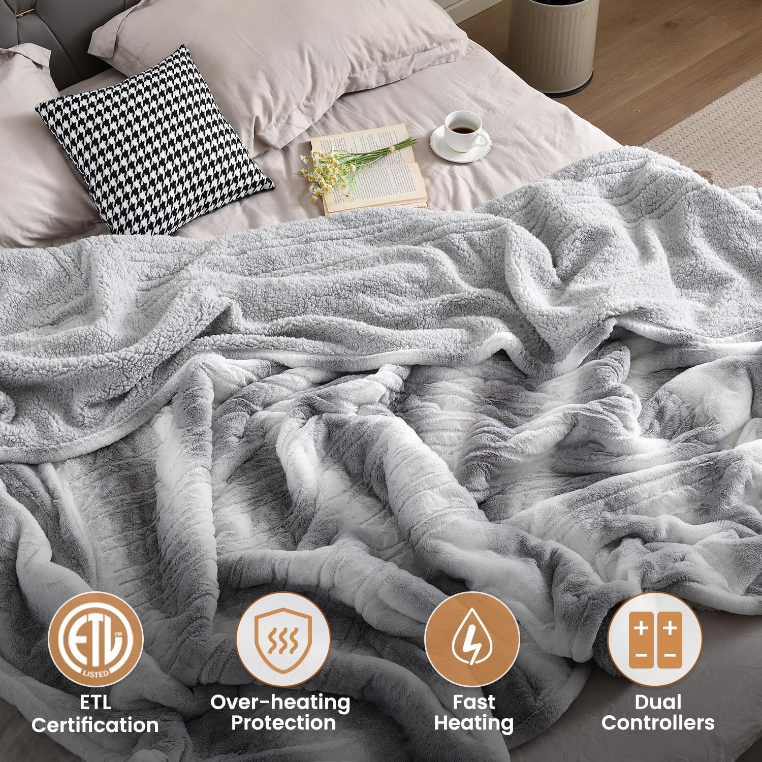 Manta eléctrica tamaño King de 100 x 90 pulgadas, manta térmica de doble controlador, 10 ajustes de calor, apagado automático de 1 a 12 horas, piel sintética y sherpa de doble cara, lavable a 7