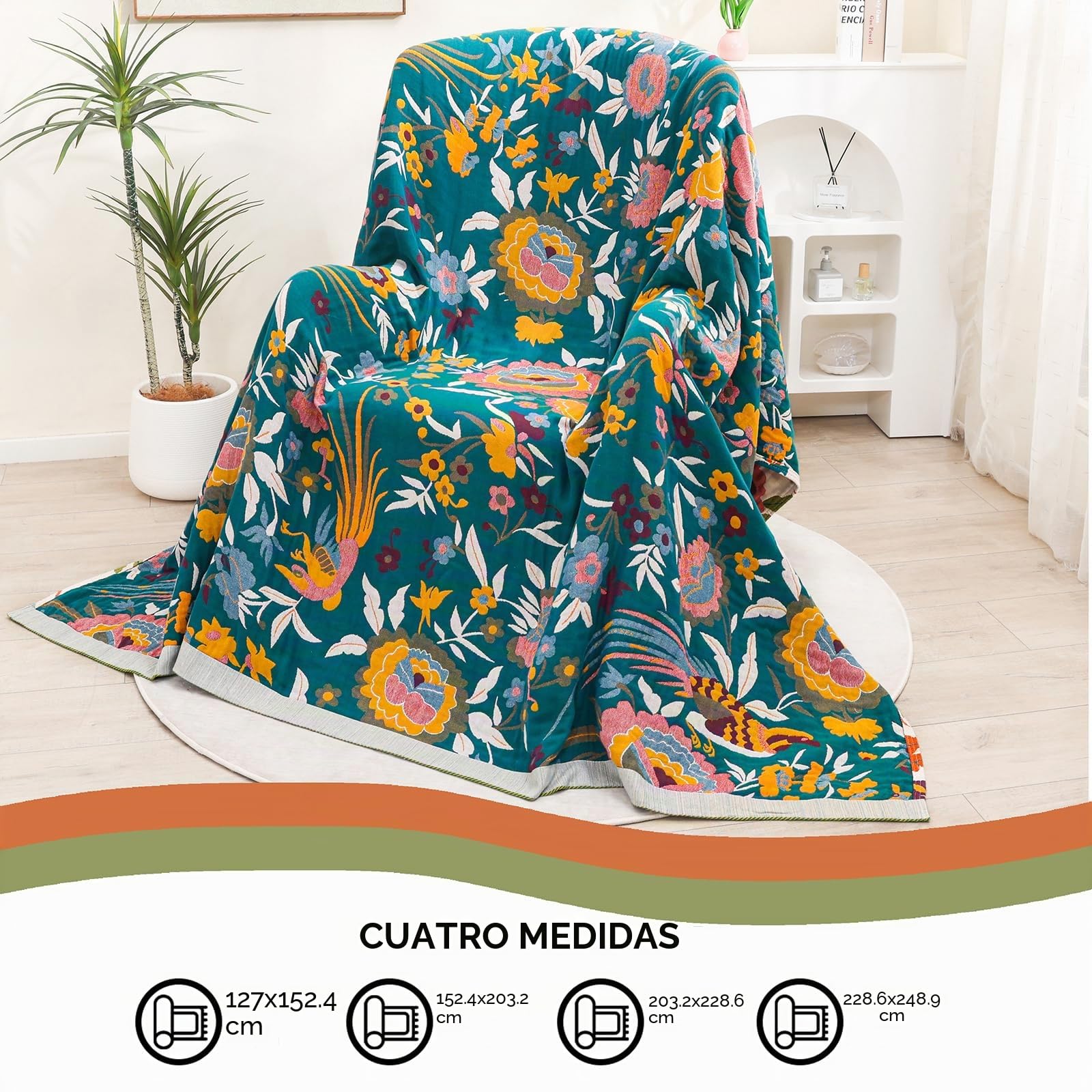 HOORDRY Manta decorativa bohemia de algodón de doble cara, agradable al tacto, para cama individual y sillón con patrones de flores, colcha para todas las estaciones, 100% algodón puro, 150 x 200 cm.