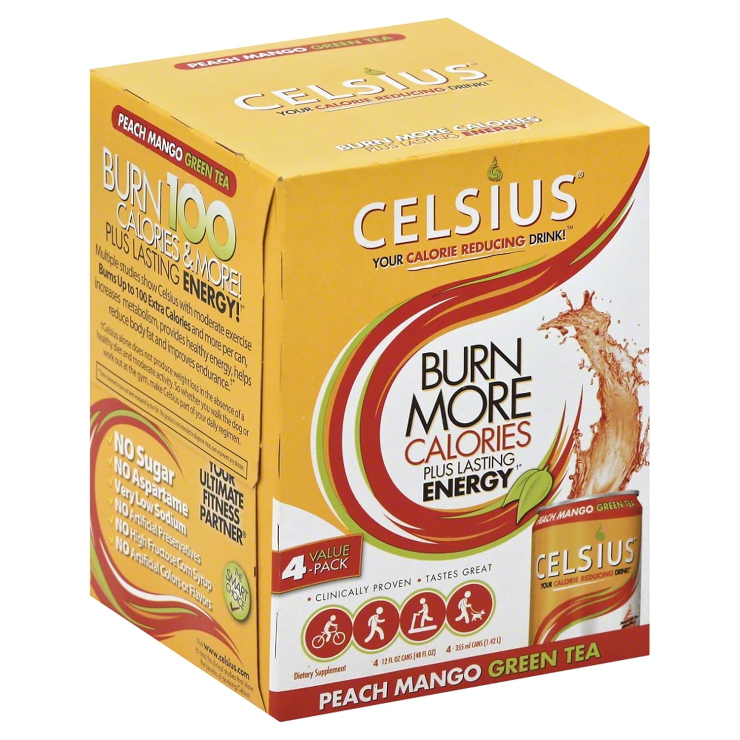 Celsius Essential Energy, Peach Mango Green Tea, 4 Pack