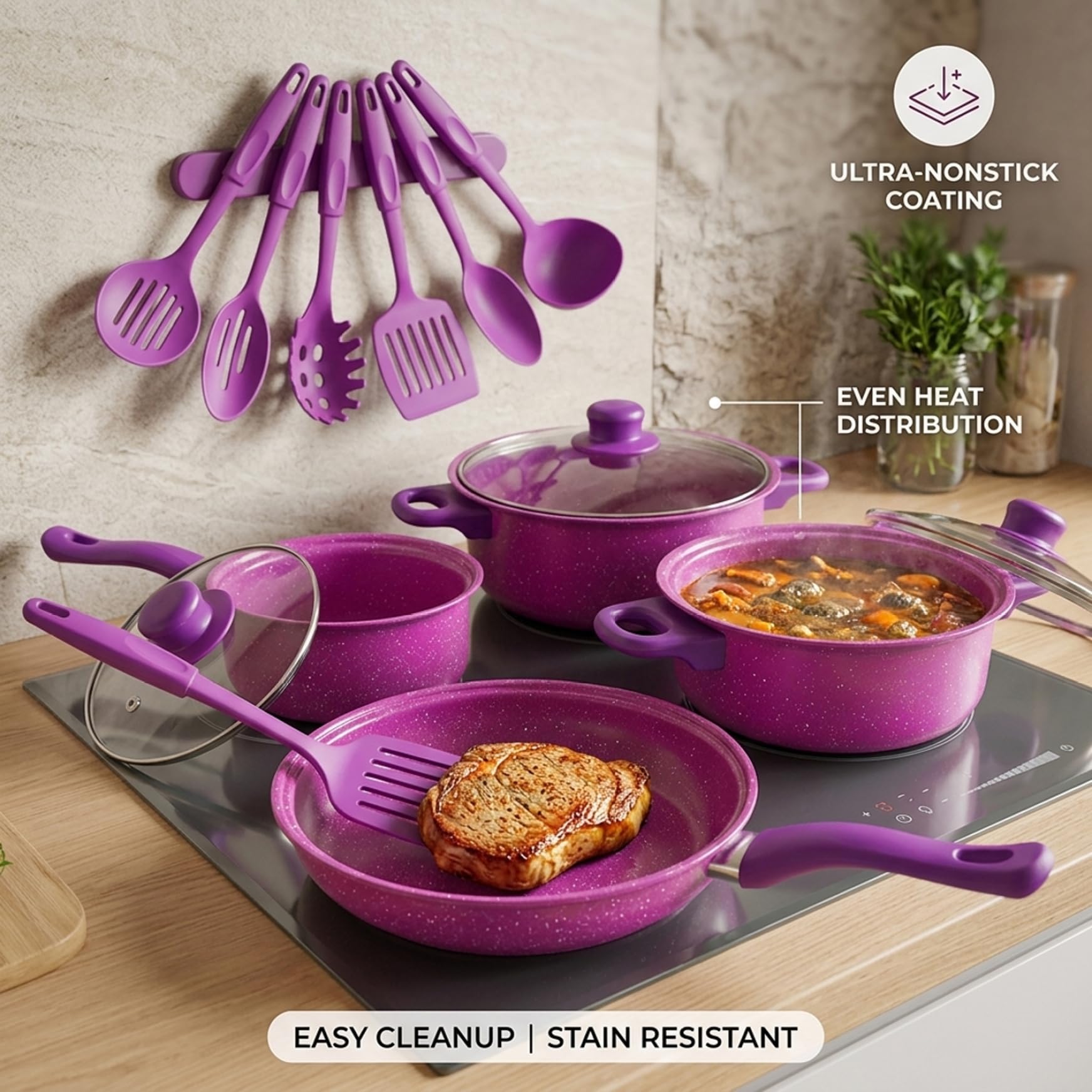 Set Di Pentole Antiaderenti Set Di Pentole Antiaderenti Da 13 Pezzi E Padelle Con Padella Pentola Per Il Latte E Utensili Per La Cucina Casalinga Viola