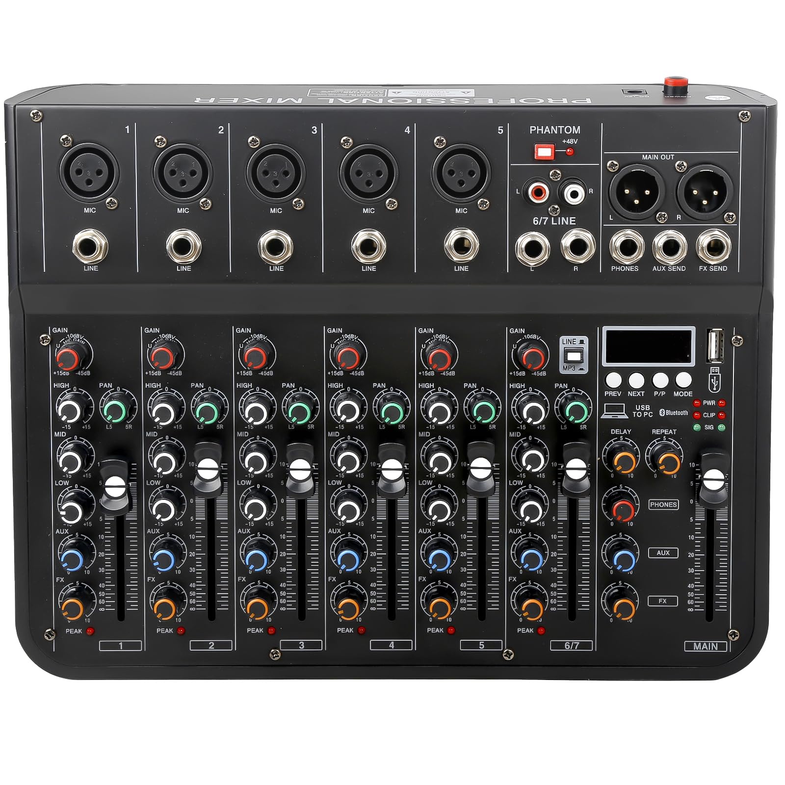 Table de Mixage Son 7 Canaux dj Professionnel Console de Mixage avec FX Reverb Delay, Tabl Mixag dj Pro Audio Mixer avec Usb Bluetooth