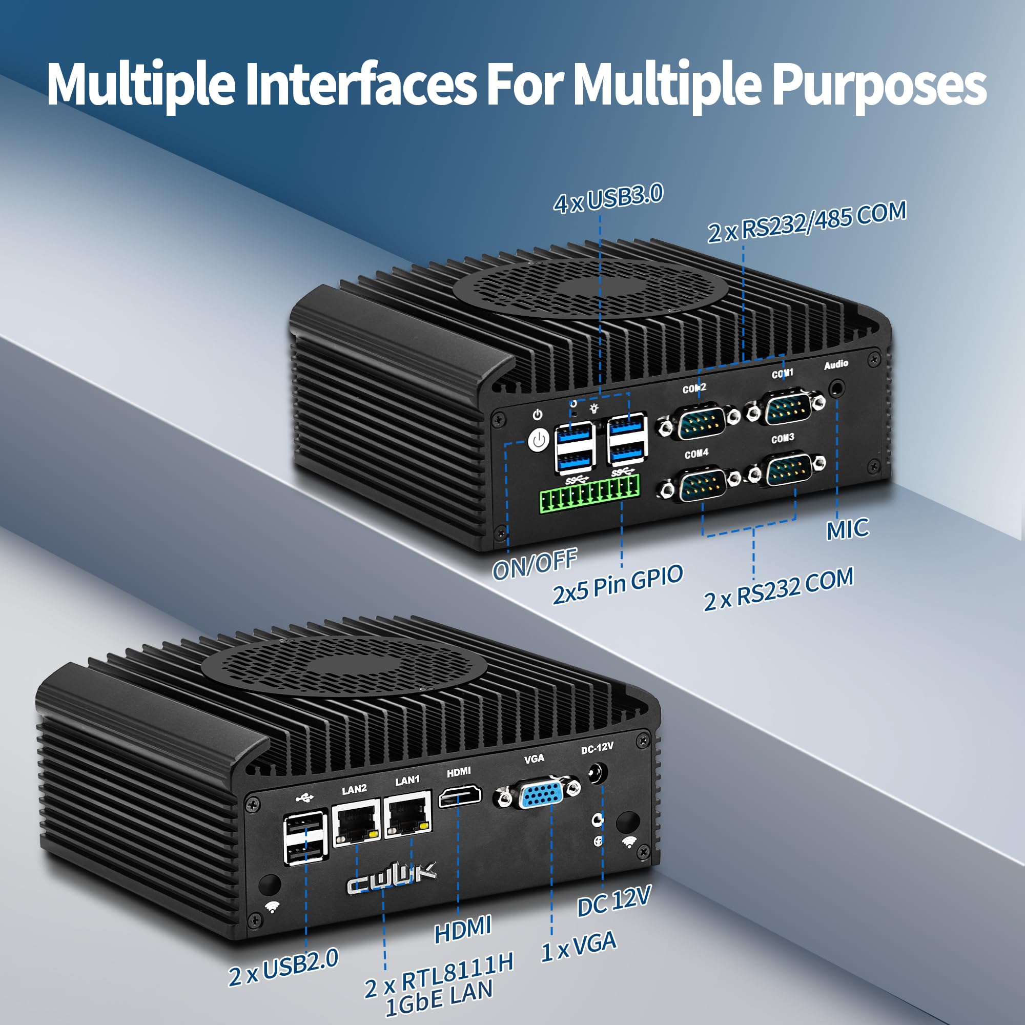 CWWK Mini PC Industriale, Micro Embedded PC Core i5-1235U, 4 Porte COM RS232/RS485, Dual Gigabit LAN, C12D Mini Computer, SIM, HD, VGA, GPIO, WiFi/BT, 8GB RAM 256GB NVMe SSD