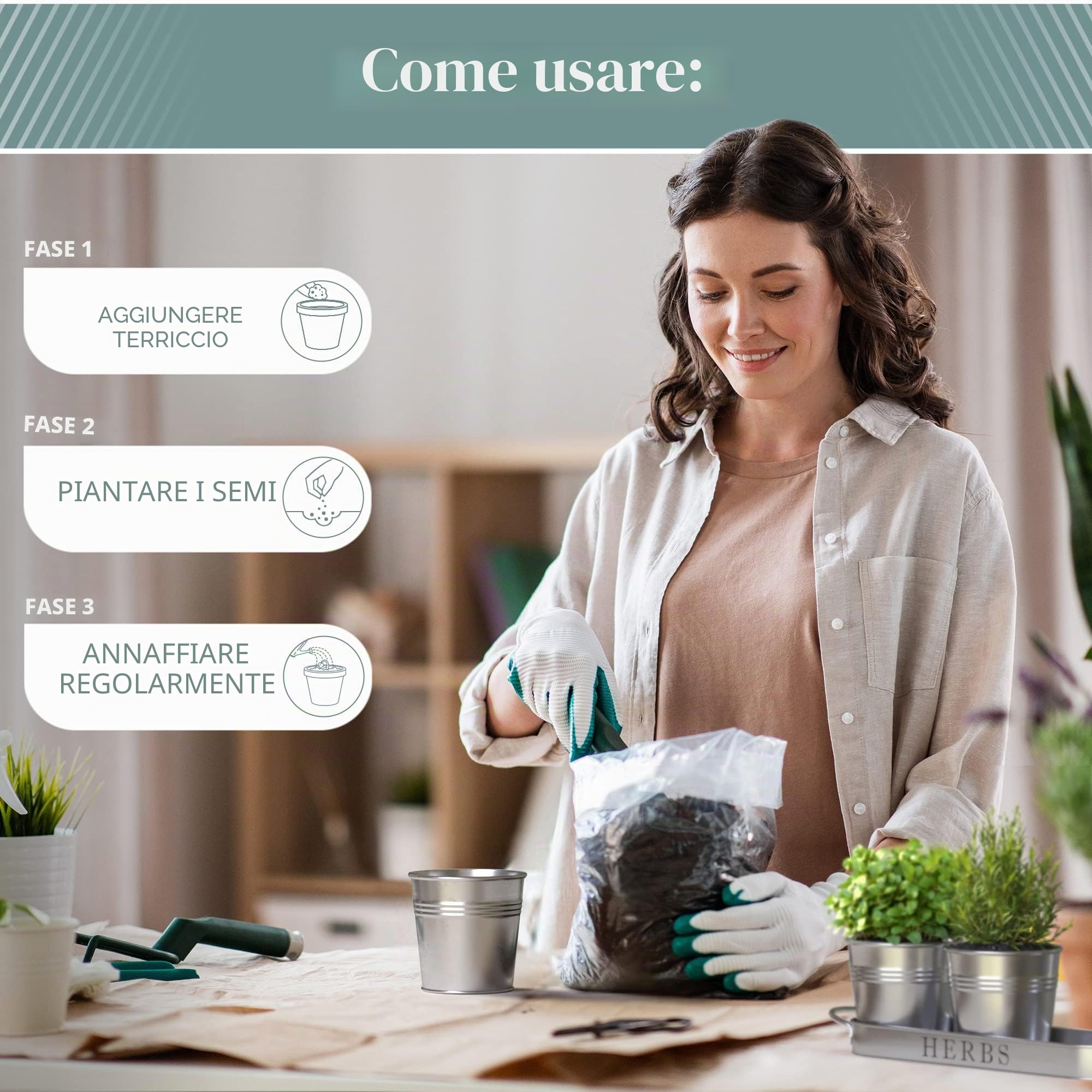 Barnyard Designs Set di fioriere per erbe aromatiche con vassoio, per giardino interno o esterno, vasi decorativi in metallo zincato, per cucina, (set da 3, 11 x 10 cm, su 32 x 10 cm)
