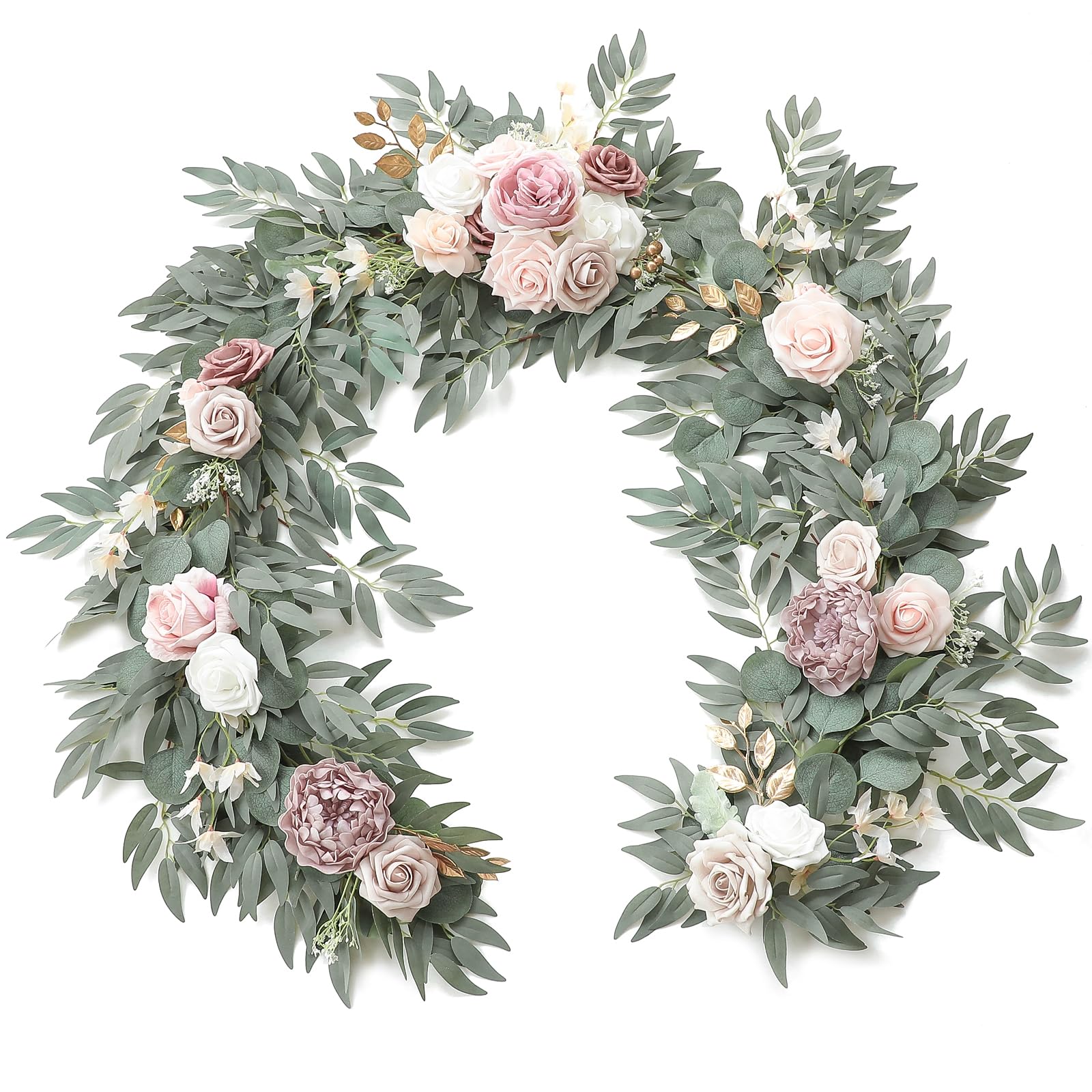 Floroom 6ft Artificial Eucalyptus Garland with Flowers Fake Greenery Faux Floral Vine Garland for Table Decor Wedding Centerpieces Bridal Shower Party Decorations, Garden Dusty Rose