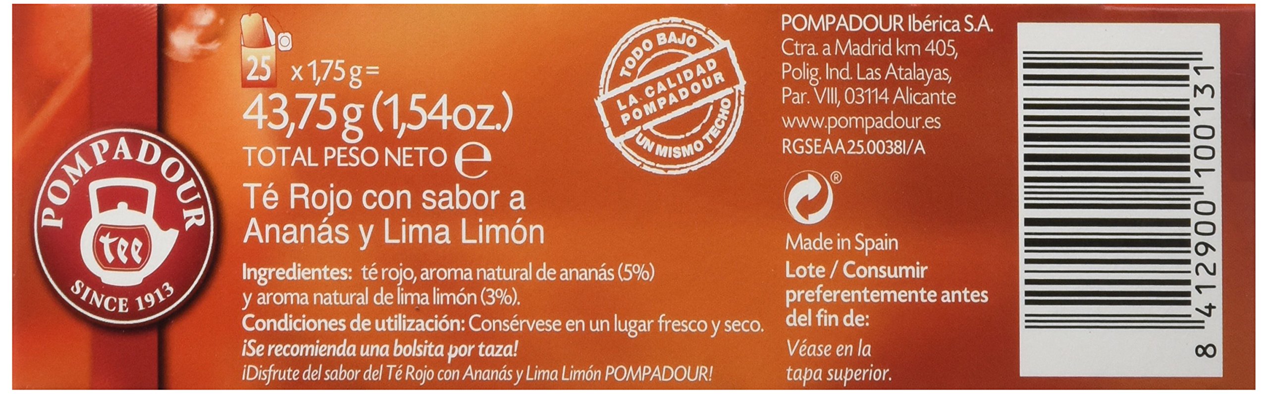 Pompadour Té Rojo Ananás Y Lima Limón, 25 bolsitas