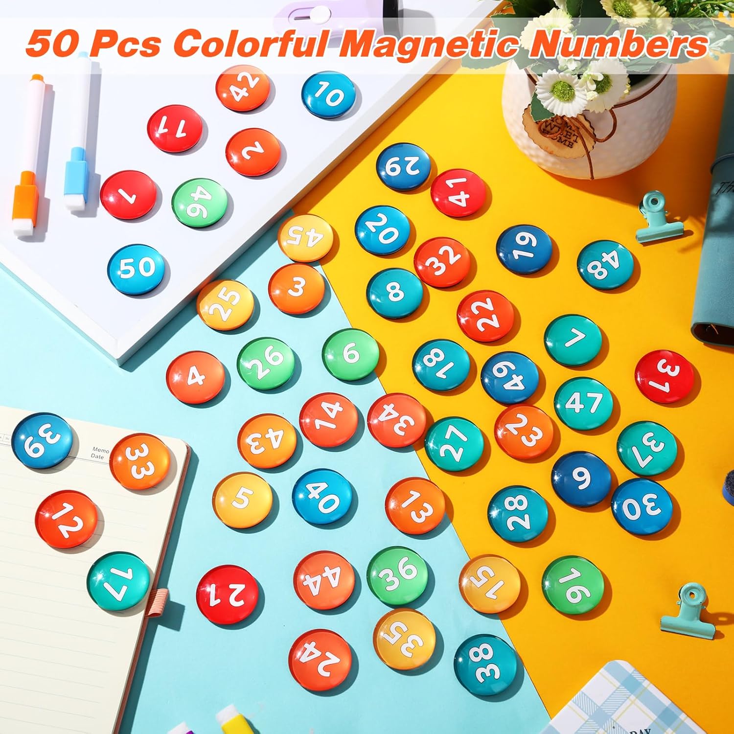 Tellegloww 1-50 Magnetic Numbers Large Glass Magnets Number for Whiteboard Dry Erase Boards Classroom Round Number Refrigerator Magnets for Whiteboard Home School Office(Dark Color,1.41")