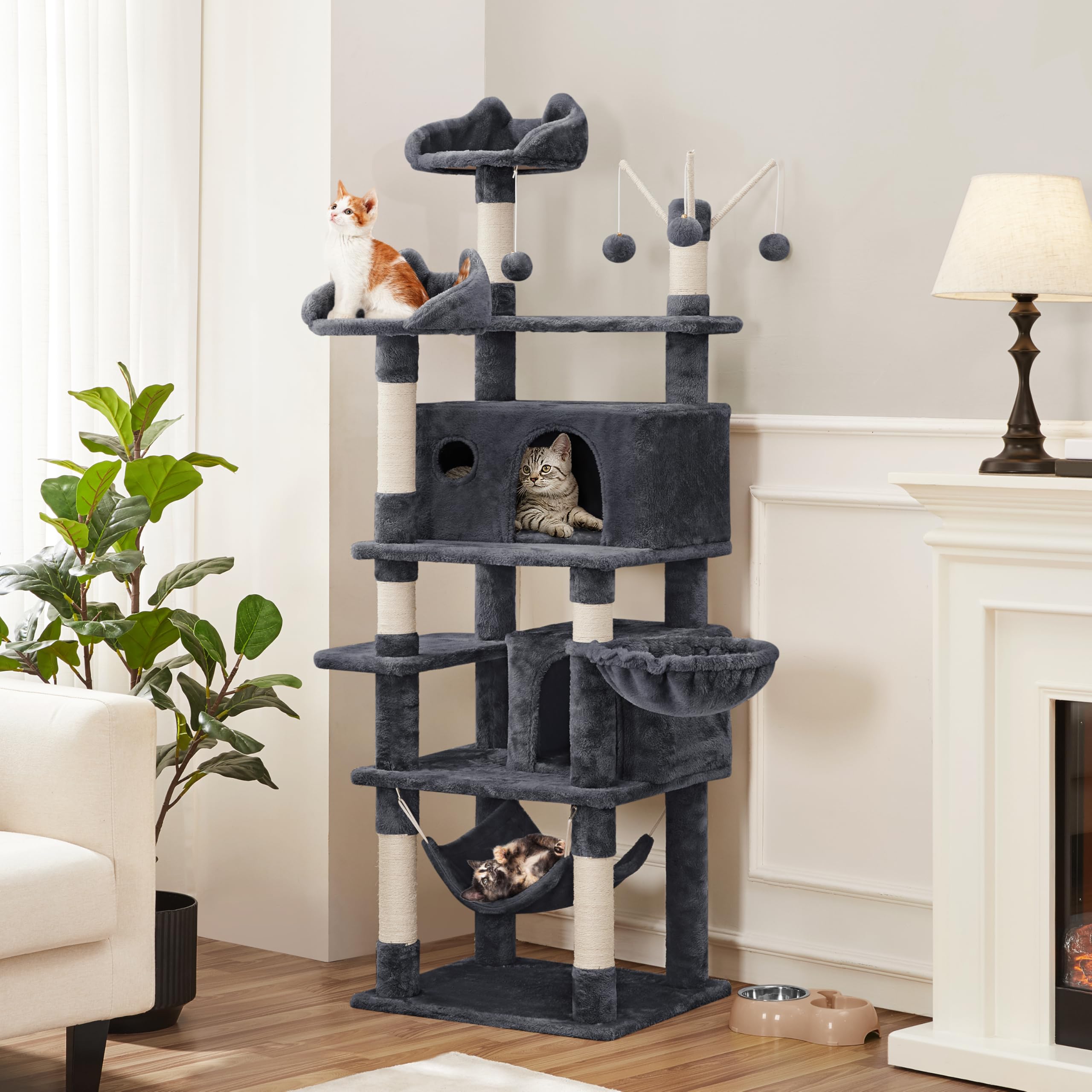 Yaheetech Albero Tiragraffi per Gatti 170 cm in Truciolato e Sisal con Posatoio Palla da Gioco Condomini Grigio Scuro