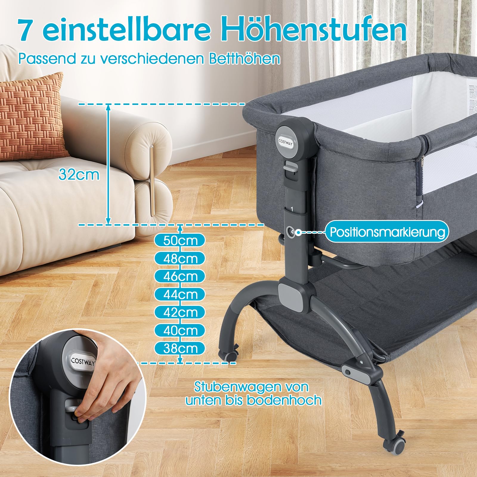 COSTWAY 3 in 1 Beistellbett mit Mosktionetz, Reisebett Baby mit Matratze, Babybett 7 Fach höhenverstellbar mit Tragetasche, Aufbewahrungskorb, Stubenwagen für Baby bis 9 Monate (Grau)