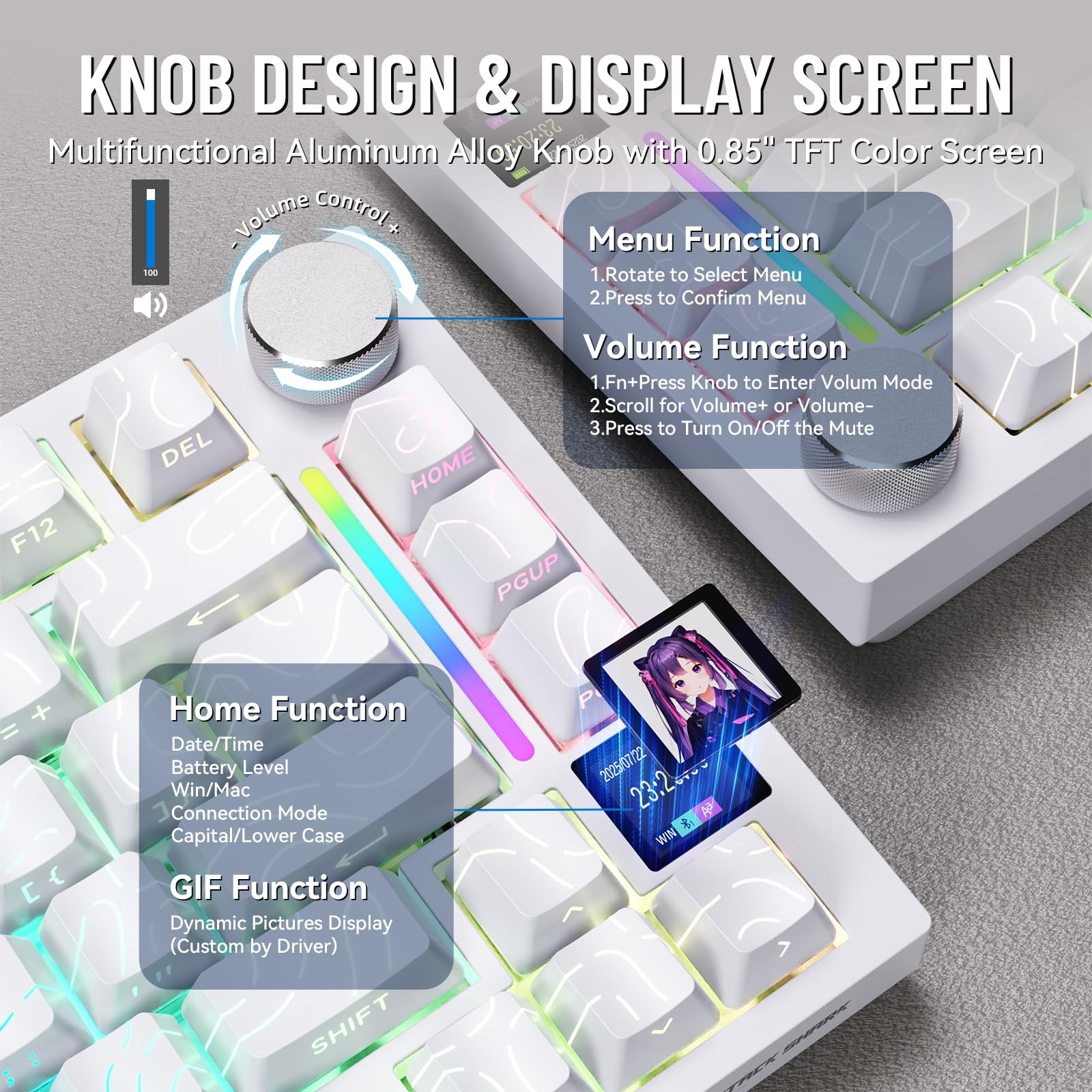 MAMBASNAKE Attack Shark X820 Ultra Teclado Mecánico Gaming con TFT Pantalla y Perilla, QWERTY 75% Gasket Hot-Swap, Inalámbrico 2.4G/BT/USB-C, LIGHTSYNC RGB Chroma, Coiled Cable - Shark Switch/Blanco